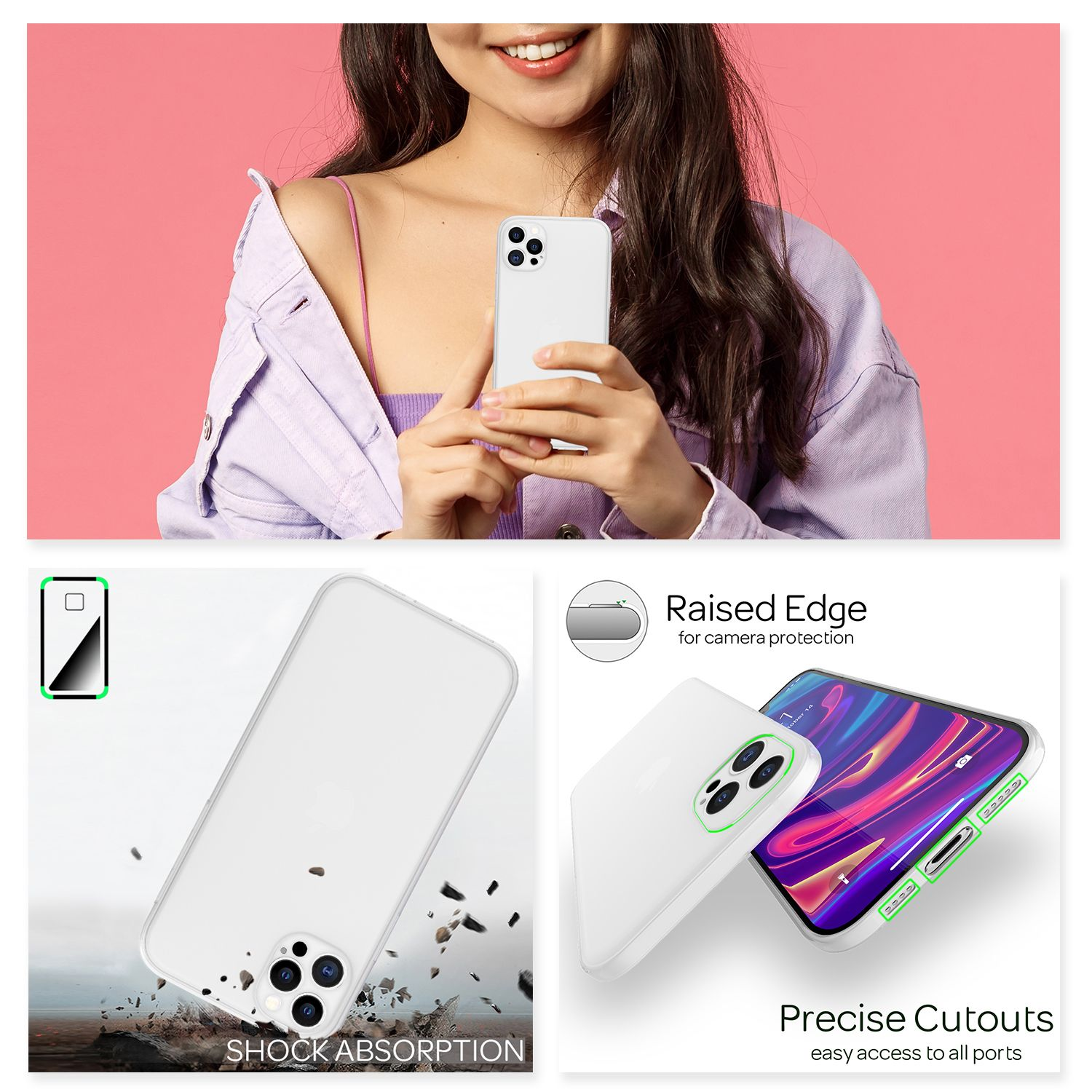 Una mujer sostiene un teléfono blanco. Las imágenes muestran una funda, destacando absorción de impactos, bordes elevados y recortes precisos.