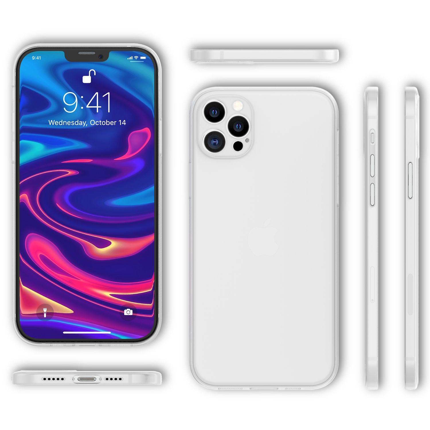 Un teléfono con una funda blanca se muestra desde diferentes ángulos. La pantalla muestra la pantalla de bloqueo con la hora y la fecha.