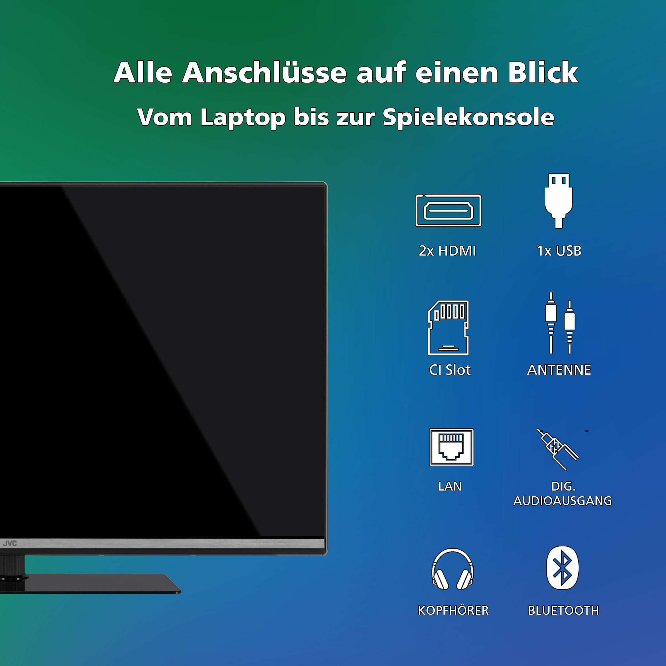 Fernseher mit schwarzem Bildschirm und verschiedenen Verbindungssymbolen, darunter HDMI, USB und Bluetooth, auf blau-grünem Hintergrund.
