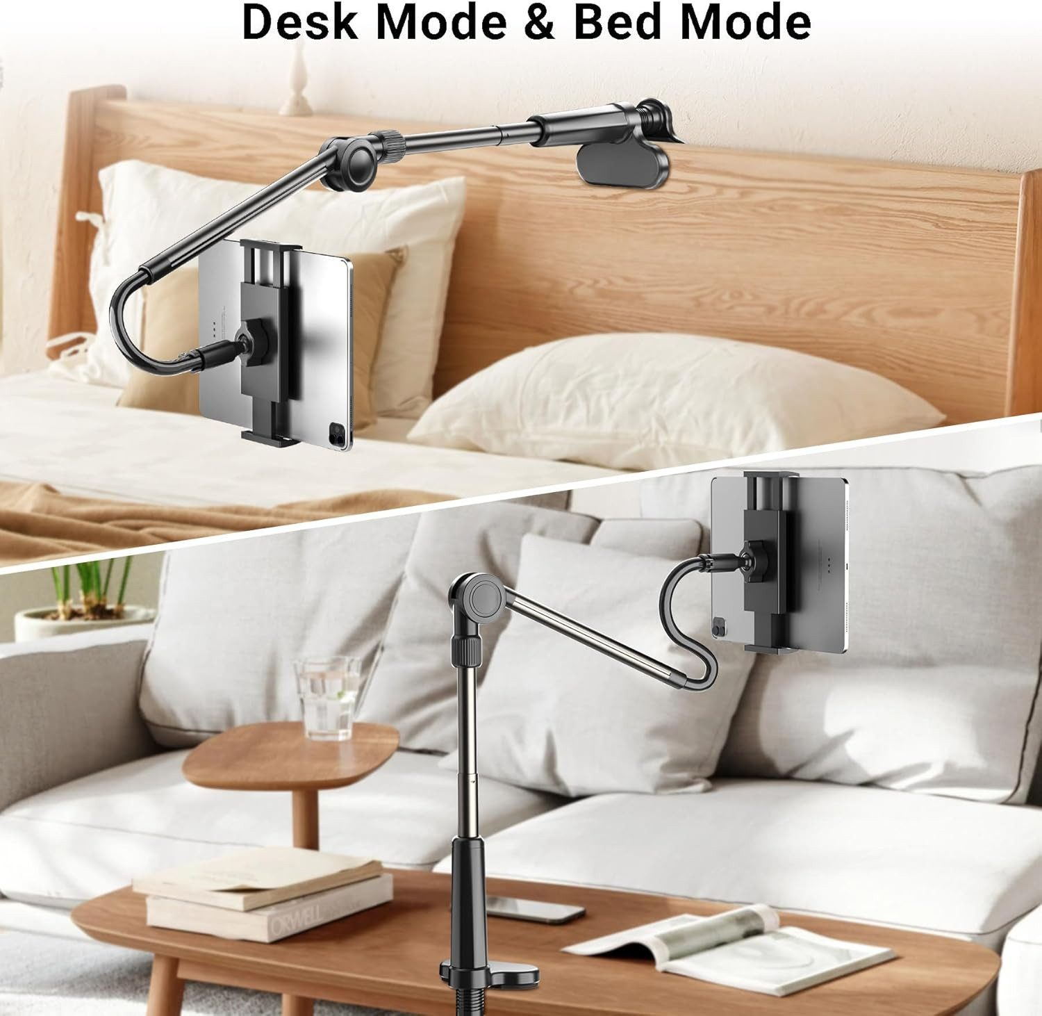 Das Bild zeigt einen Tablet-Ständer im Bett- und Schreibtischmodus. Ein Tablet ist an einem flexiblen Arm montiert. Der Bettmodus wird gegen ein Kopfende, der Schreibtischmodus auf einem Sofa gezeigt.