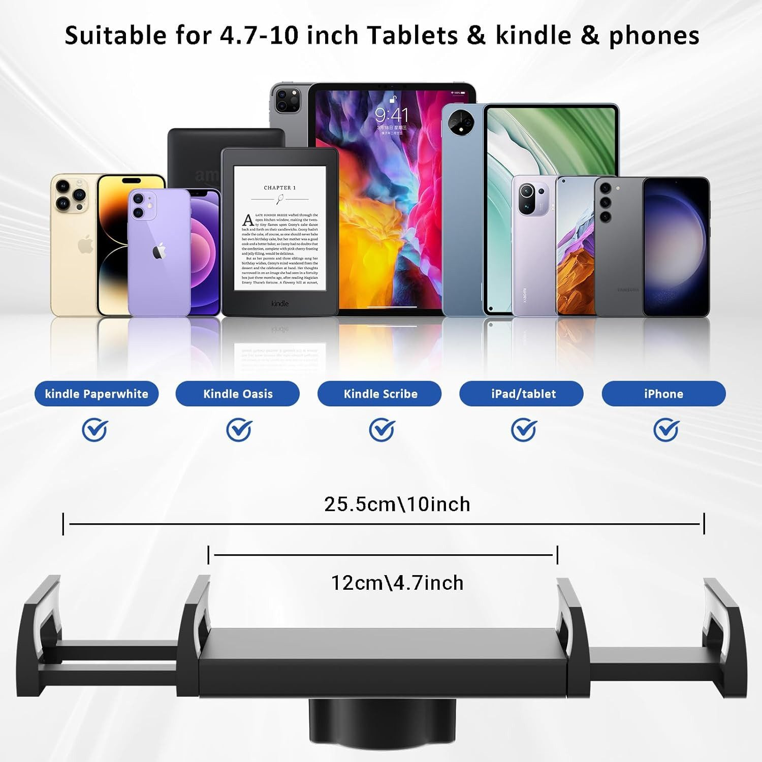 Das Bild zeigt Tablets und Telefone, darunter Kindle und iPhone, mit einem Ständer unten und Text oben.