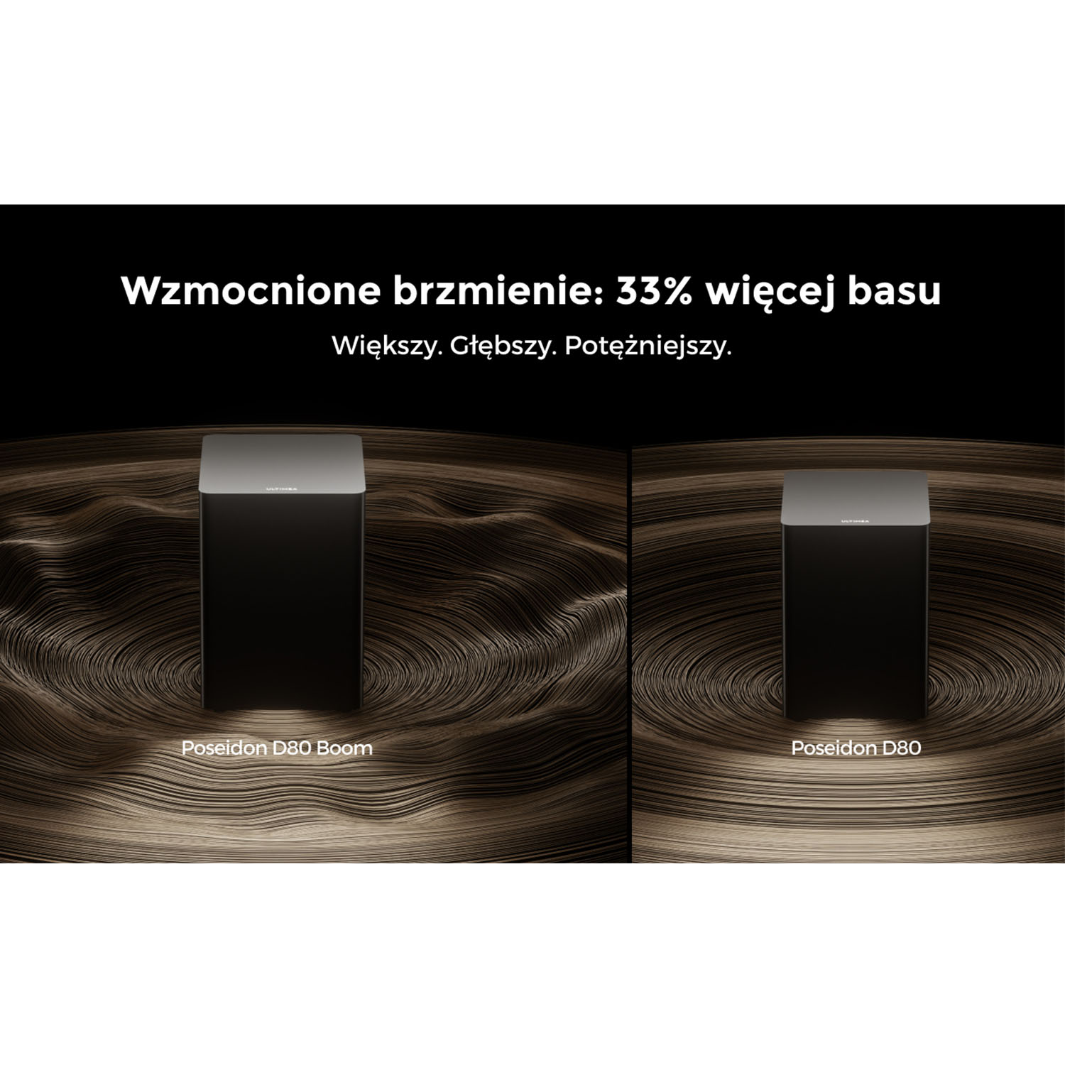 Obraz przedstawia dwa głośniki, Poseidon D80 Boom i D80, z tekstem wskazującym na wzmocniony bas. Tło przedstawia wirujące linie.