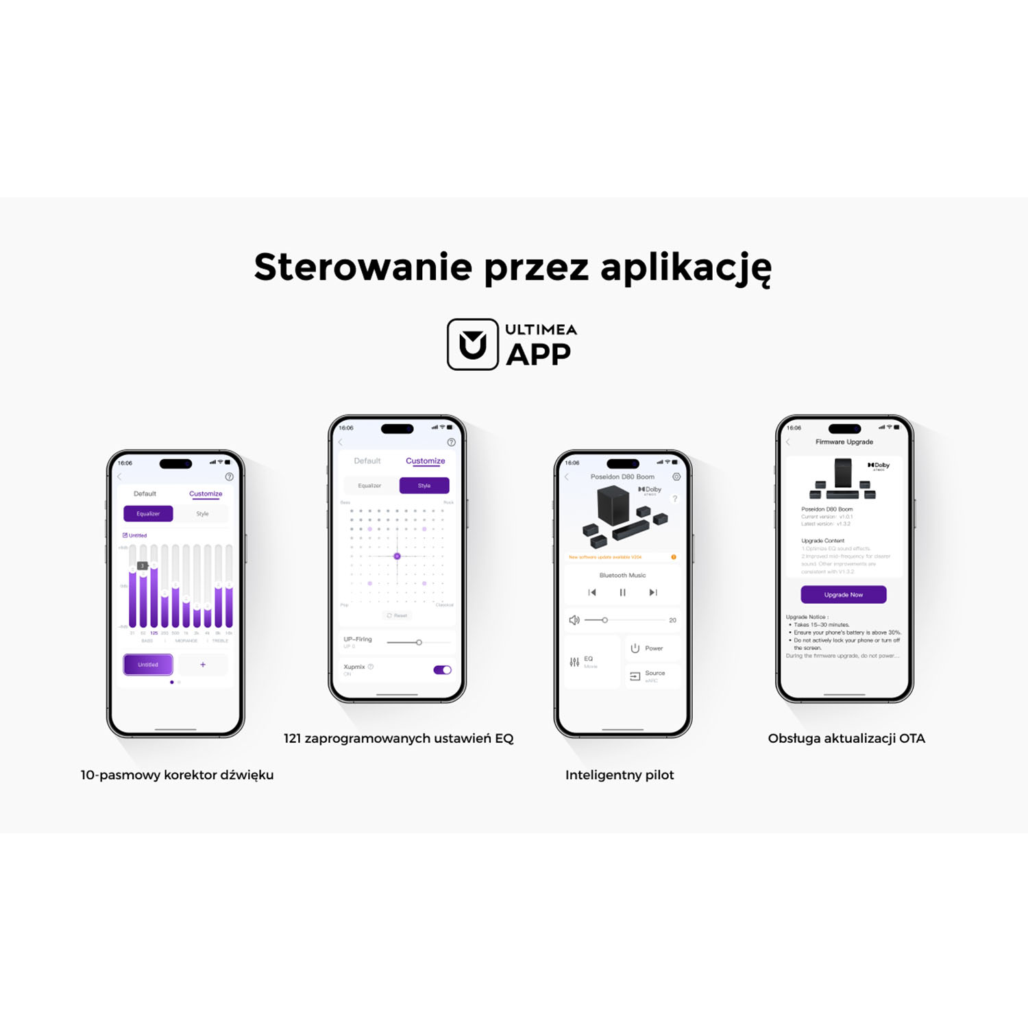 Interfejs aplikacji pokazujący ustawienia equalizera, kontrolki muzyki Bluetooth i opcje aktualizacji oprogramowania układowego.