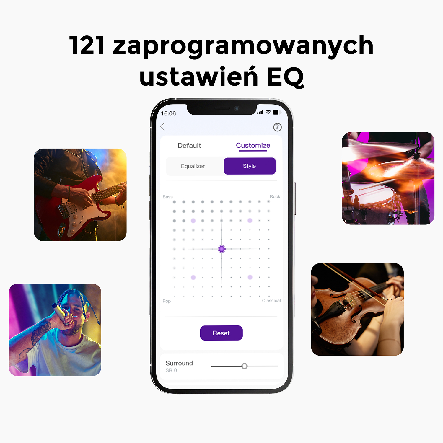 Ekran smartfona z ustawieniami EQ. Obrazy gitarzysty, perkusisty, piosenkarza i skrzypka w tle.