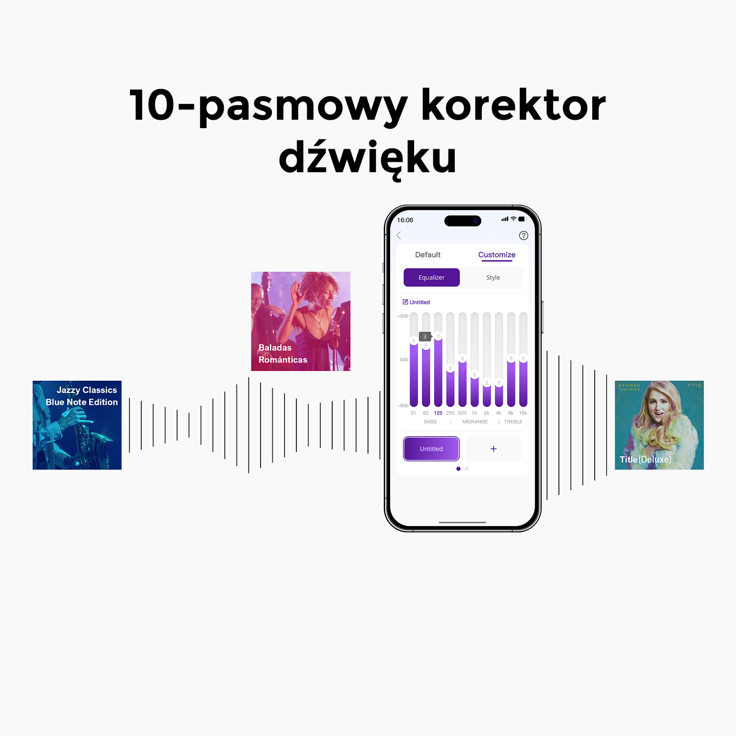Telefon wyświetla korektor z 10 pasmami. Okładki albumów znajdują się po lewej i prawej stronie. U góry napis '10-pasmowy korektor dźwięku'.