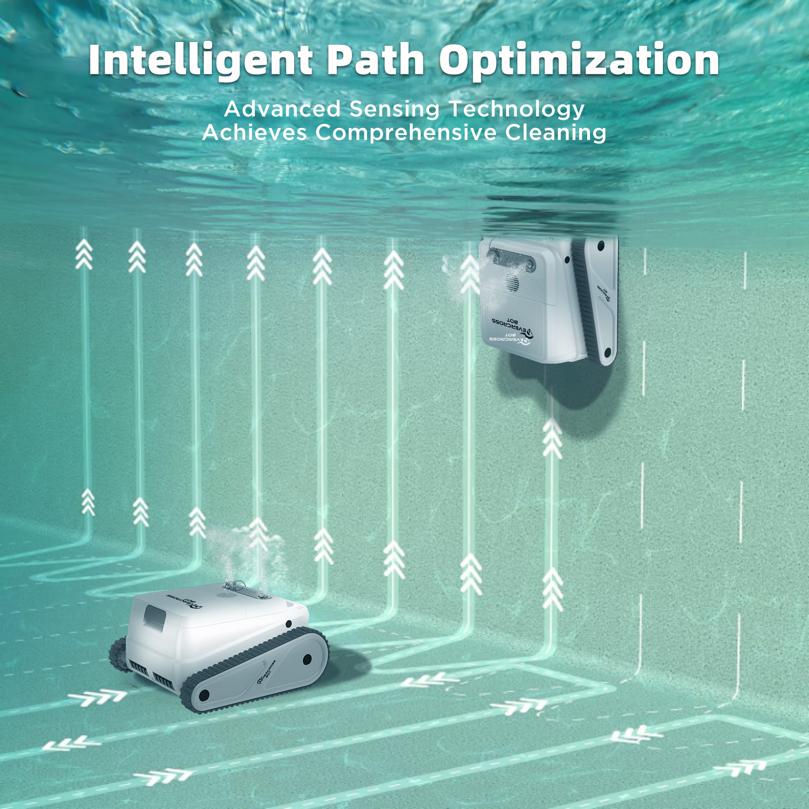 Scena podwodna z dwoma robotami do czyszczenia basenu i strzałkami wskazującymi ich ścieżki czyszczenia. Tło to basen w kolorze turkusowym.