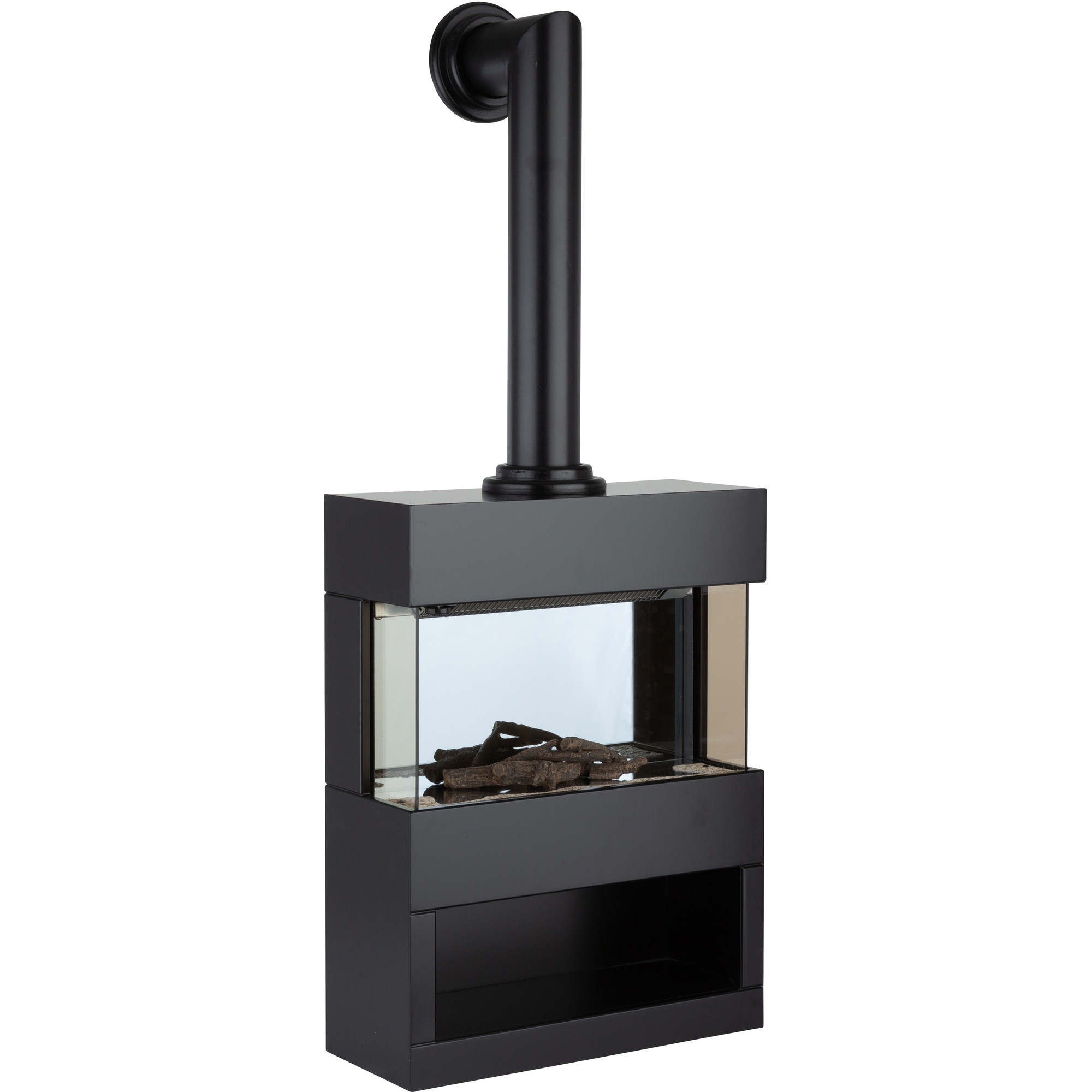 Ein schwarzer, moderner Kamin mit vertikalem Rohr und dekorativen Holzscheiten. Der Kamin hat Glasscheiben.