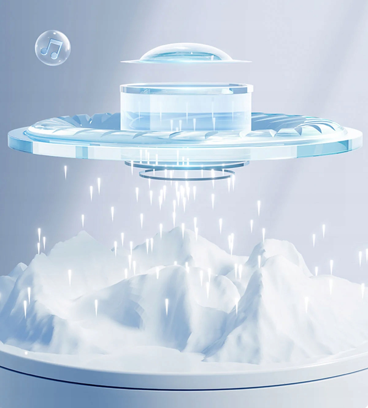 Illustrazione astratta con una struttura fluttuante, montagne sottostanti e una nota musicale. Schema di colori bianco e blu, luci brillanti.