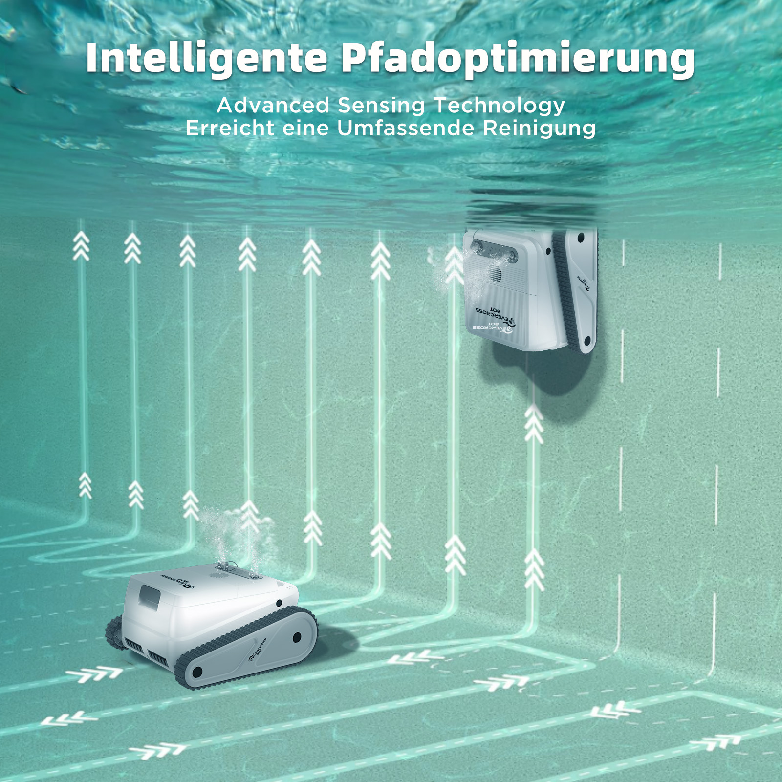 Ein Unterwasserroboter reinigt einen Pool. Der Roboter ist weiß mit grauen Ketten. Pfeile und Text sind im Hintergrund.