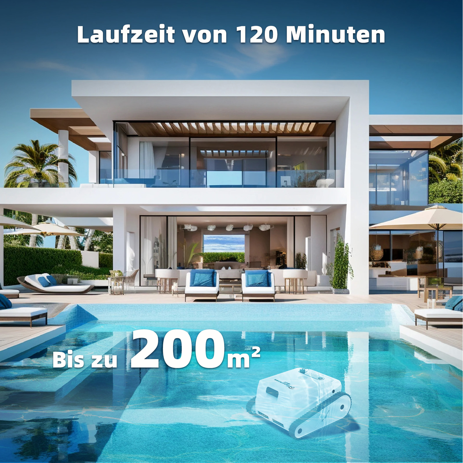 Ein Poolreiniger in einem Pool vor einem modernen Haus. Text zeigt 'Laufzeit von 120 Minuten' und 'Bis zu 200 m²'.