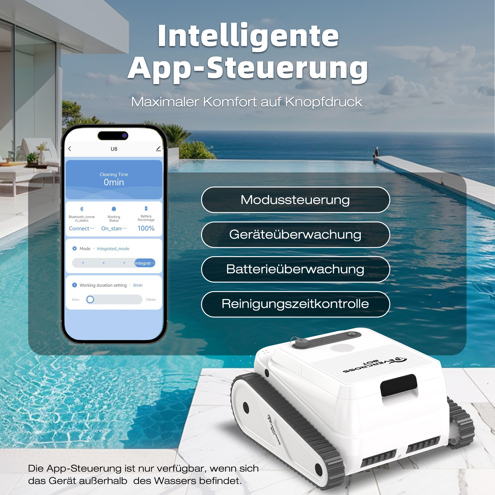 Ein weißer Roboter-Poolreiniger mit Smartphone, das Steuerungsoptionen, Pool und Ozean zeigt.