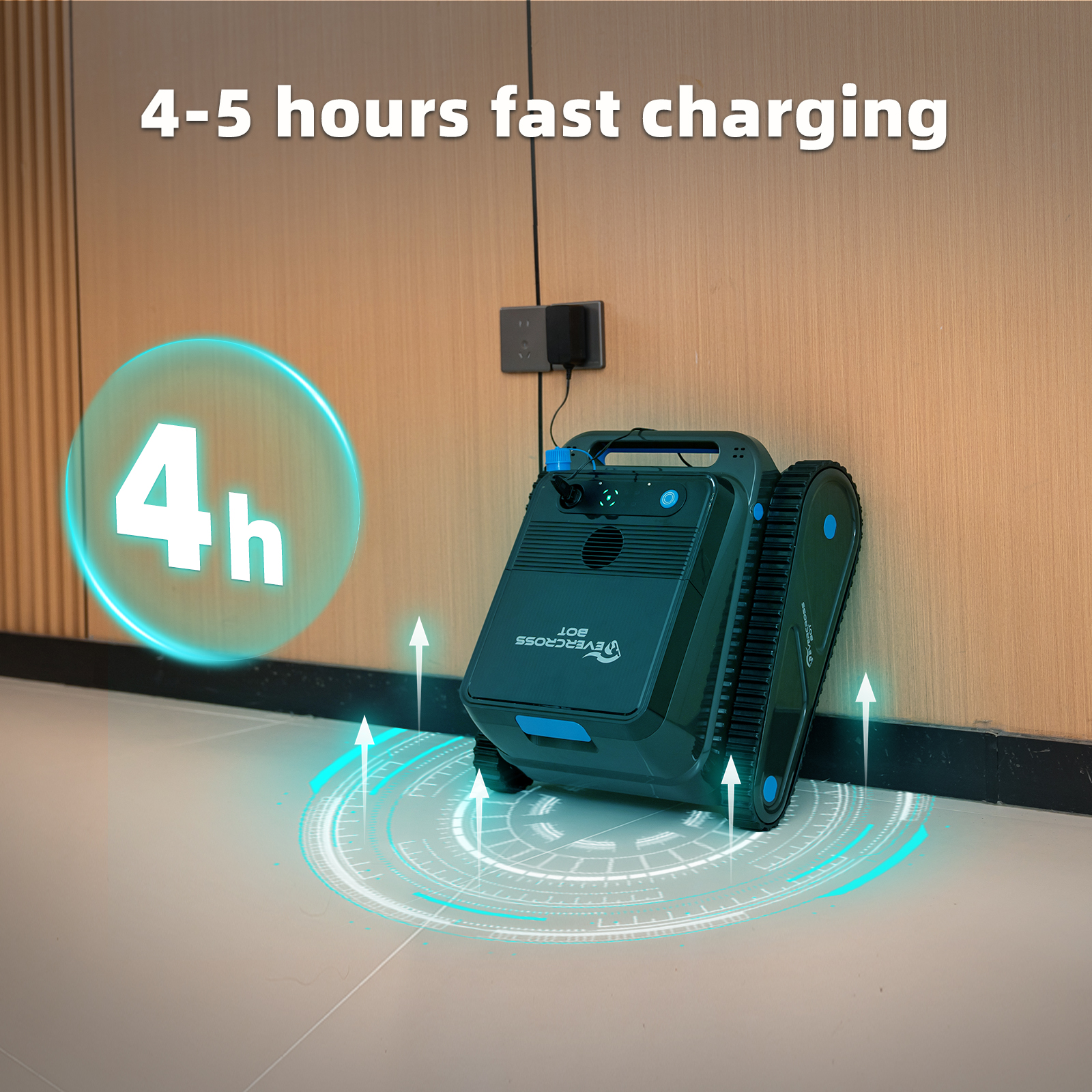 Ciemnozielony Evercross Bot ładuje się przy ścianie. Tekst mówi o szybkim ładowaniu 4-5 godzin i pokazuje grafikę 4h.