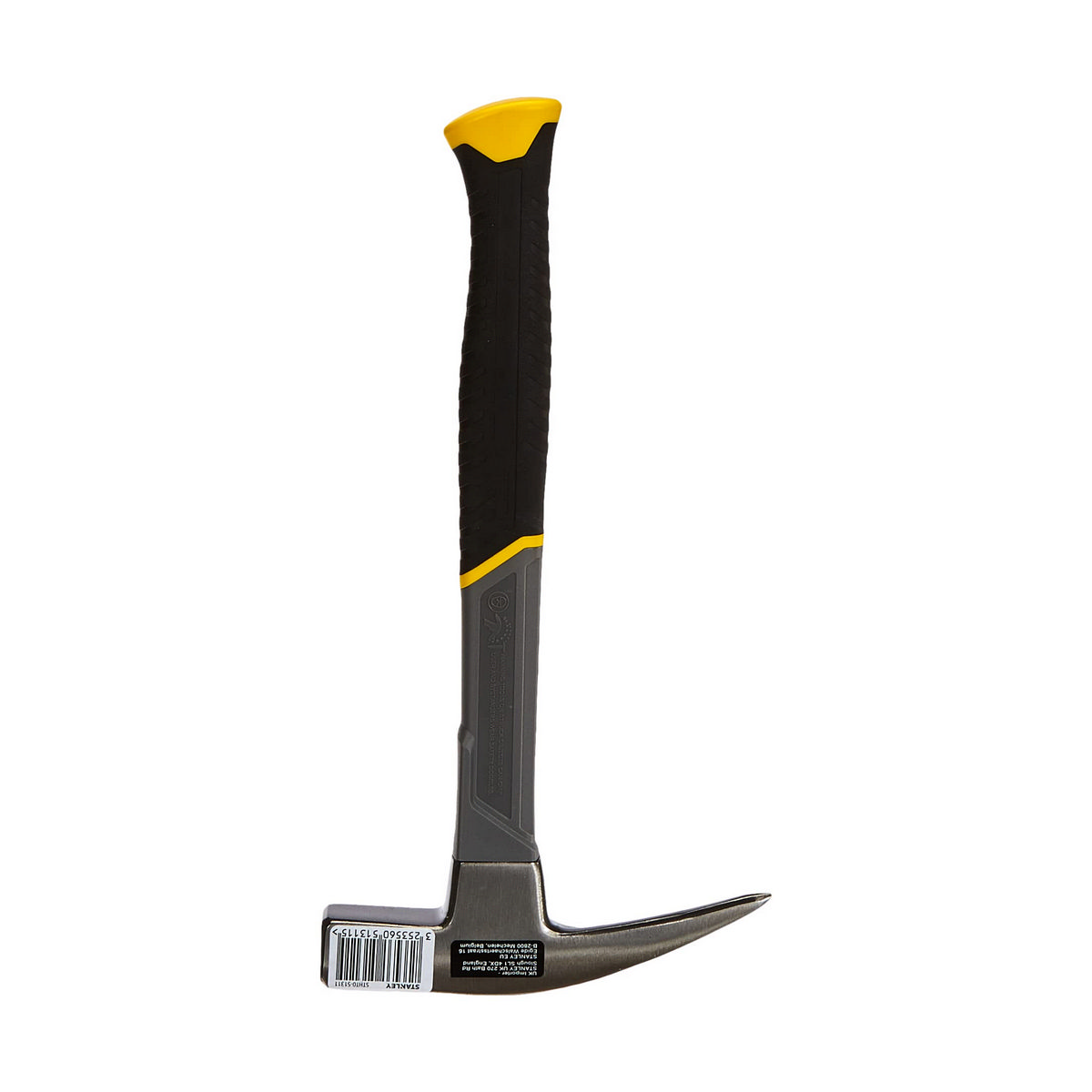 Un martillo Stanley con mango negro y amarillo. El cabezal del martillo es gris y la garra curva. Hay una etiqueta del producto en el lateral.
