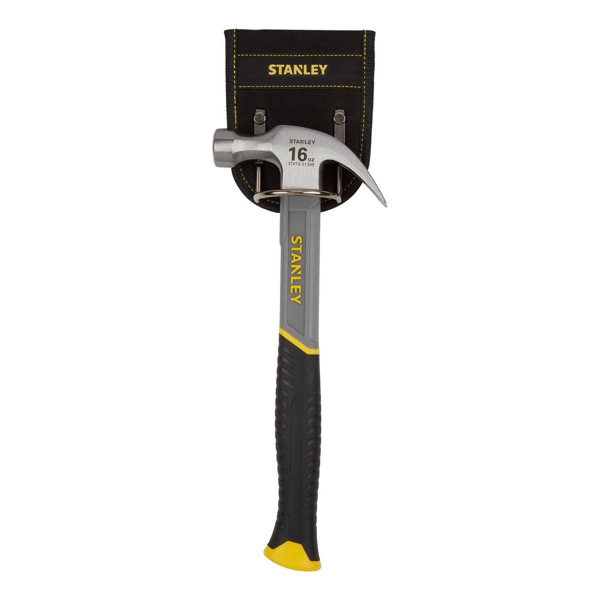Un martillo Stanley en un soporte negro. El martillo tiene un mango gris con agarre negro y base amarilla. El soporte tiene el logotipo de Stanley.