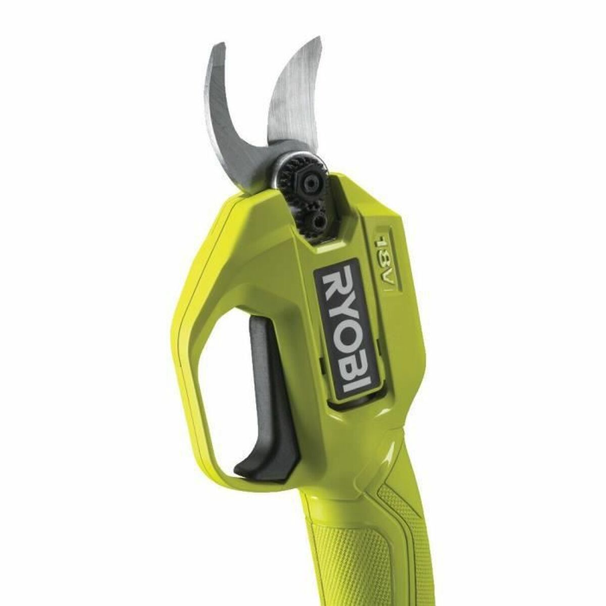 Una podadora eléctrica Ryobi de 18V amarilla y negra. Las cuchillas son plateadas y el mango es ergonómico con gatillo negro.