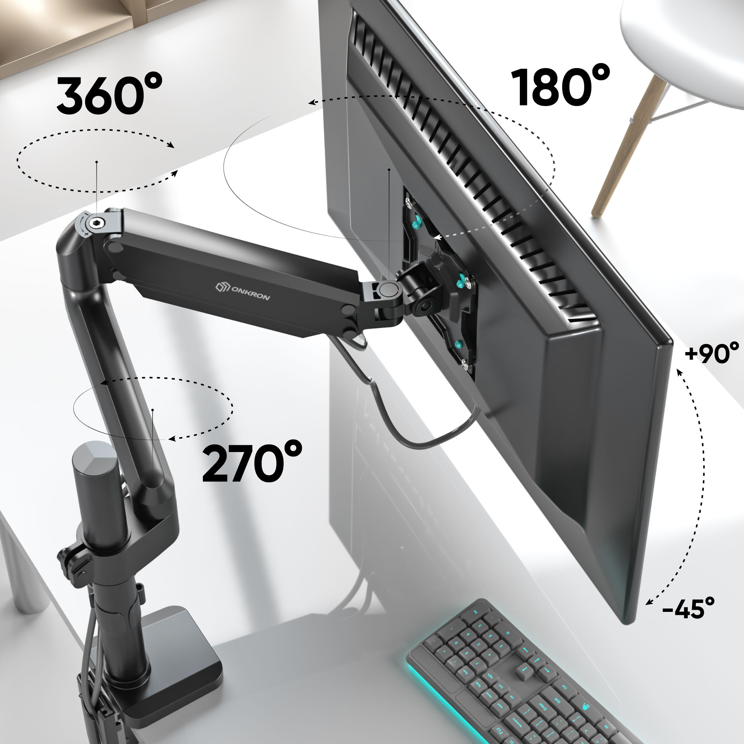Czarny ramię monitora z ekranem, pokazuje stopnie obrotu. Na dole znajduje się klawiatura.