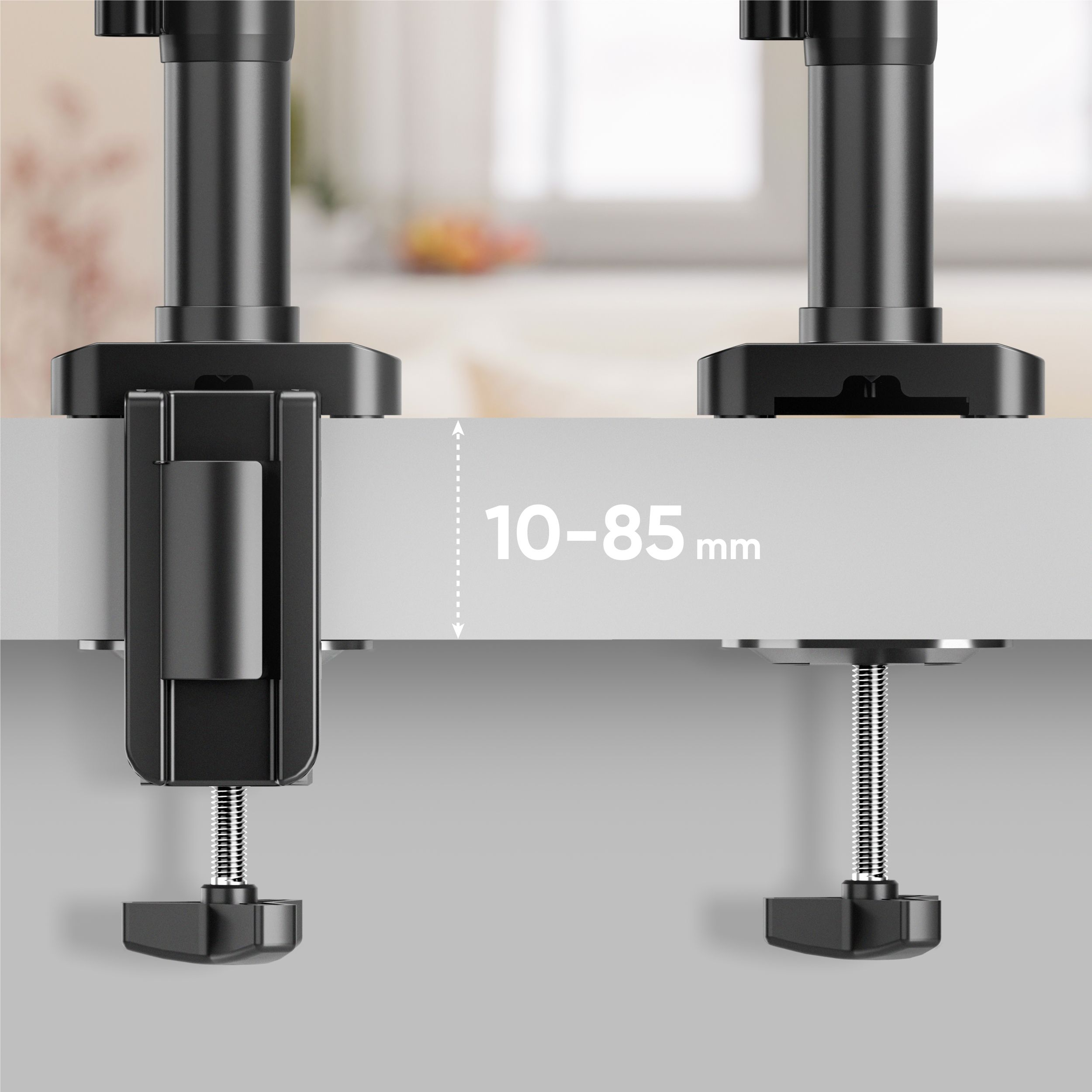 Czarny zacisk do biurka, regulowany w zakresie 10-85 mm. Posiada śrubę, zacisk i podporę.