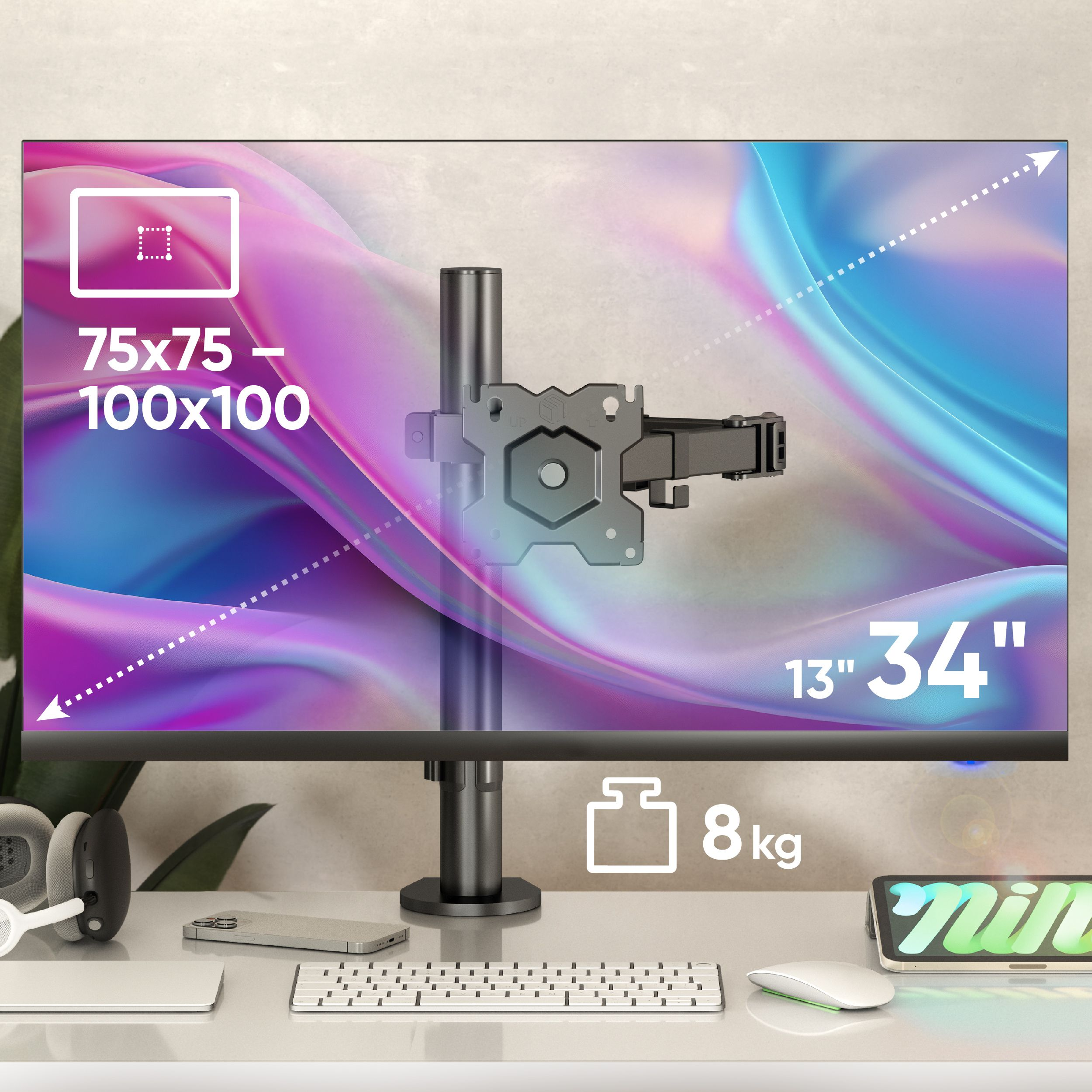Un écran sur un support, avec des spécifications et des appareils sur un bureau. L'écran affiche un design coloré.