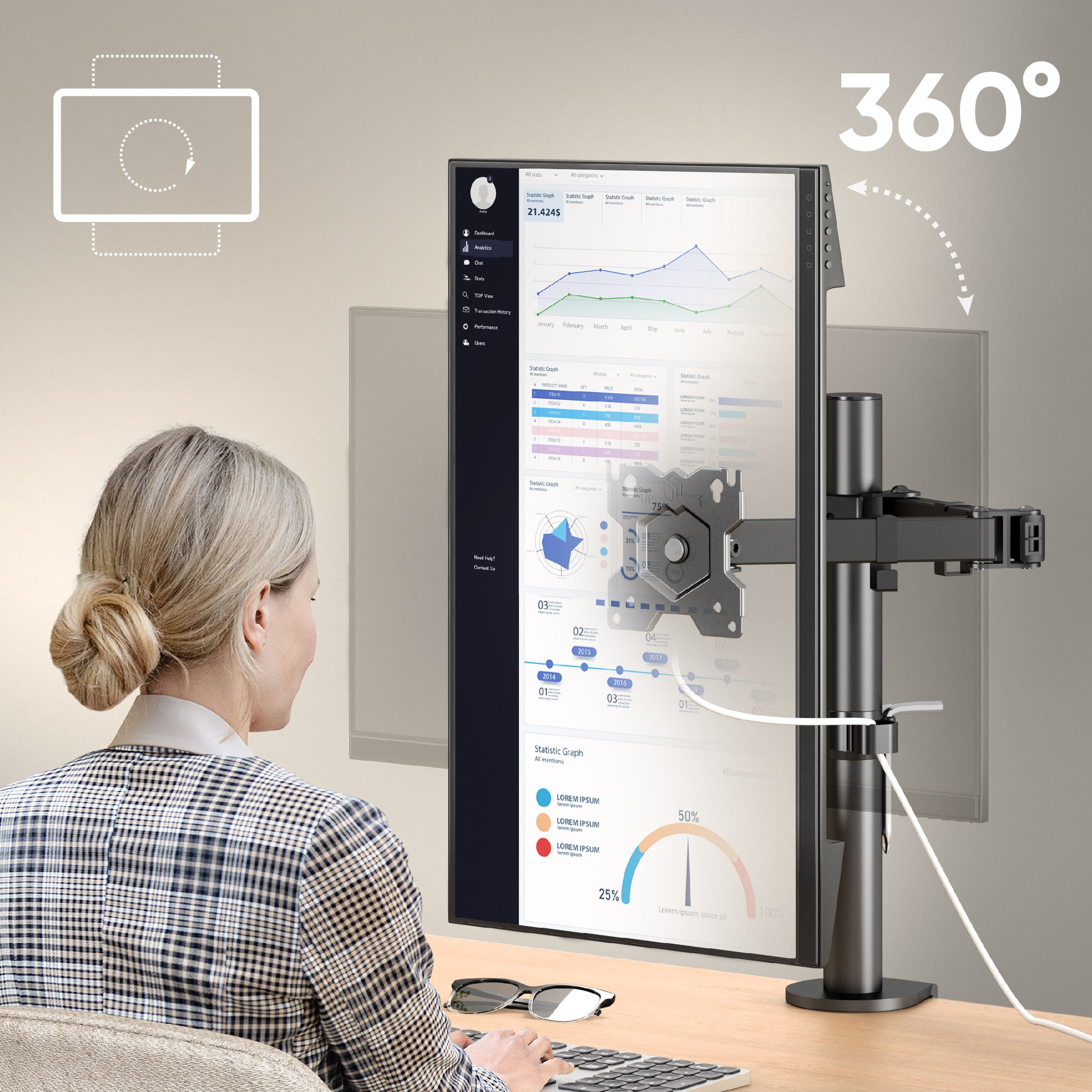 Une femme est assise à un bureau avec un écran d'ordinateur affichant des graphiques. Un symbole 360° en arrière-plan.