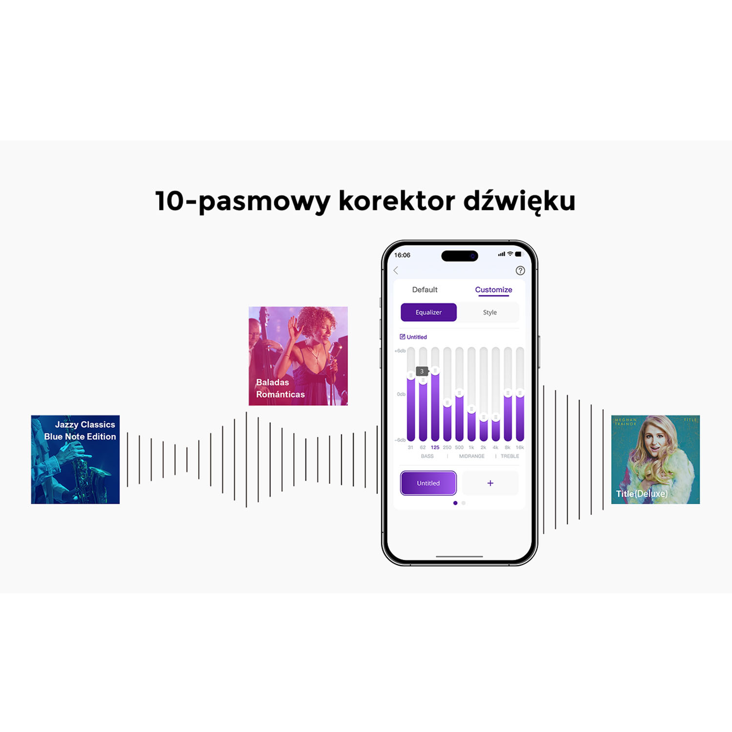 Ekran telefonu pokazuje interfejs korektora. Okładki albumów i wzór fali go otaczają. Tekst mówi "10-pasmowy korektor dźwięku".