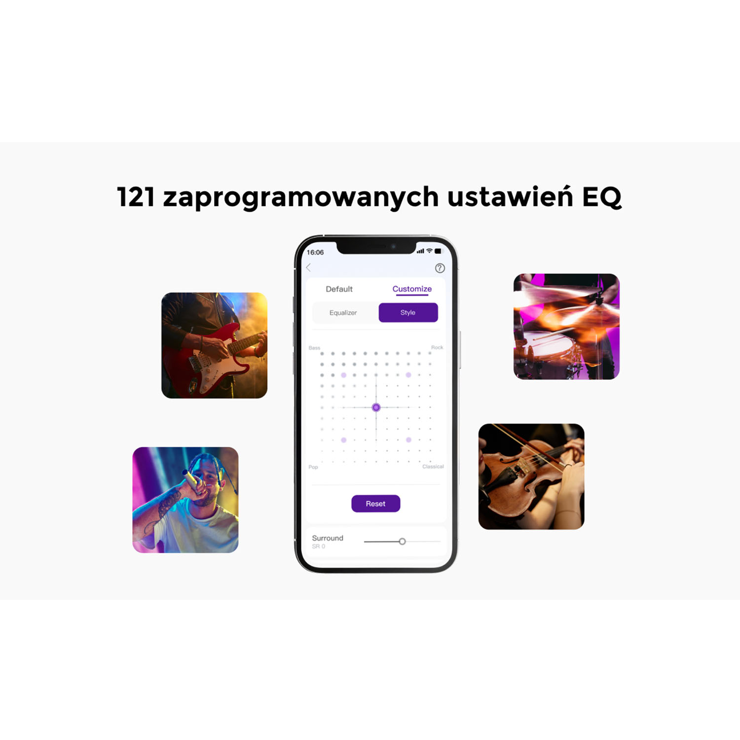 Smartfon wyświetla interfejs EQ. Cztery mniejsze obrazy pokazują gitarzystę, perkusistę, piosenkarza i skrzypka.