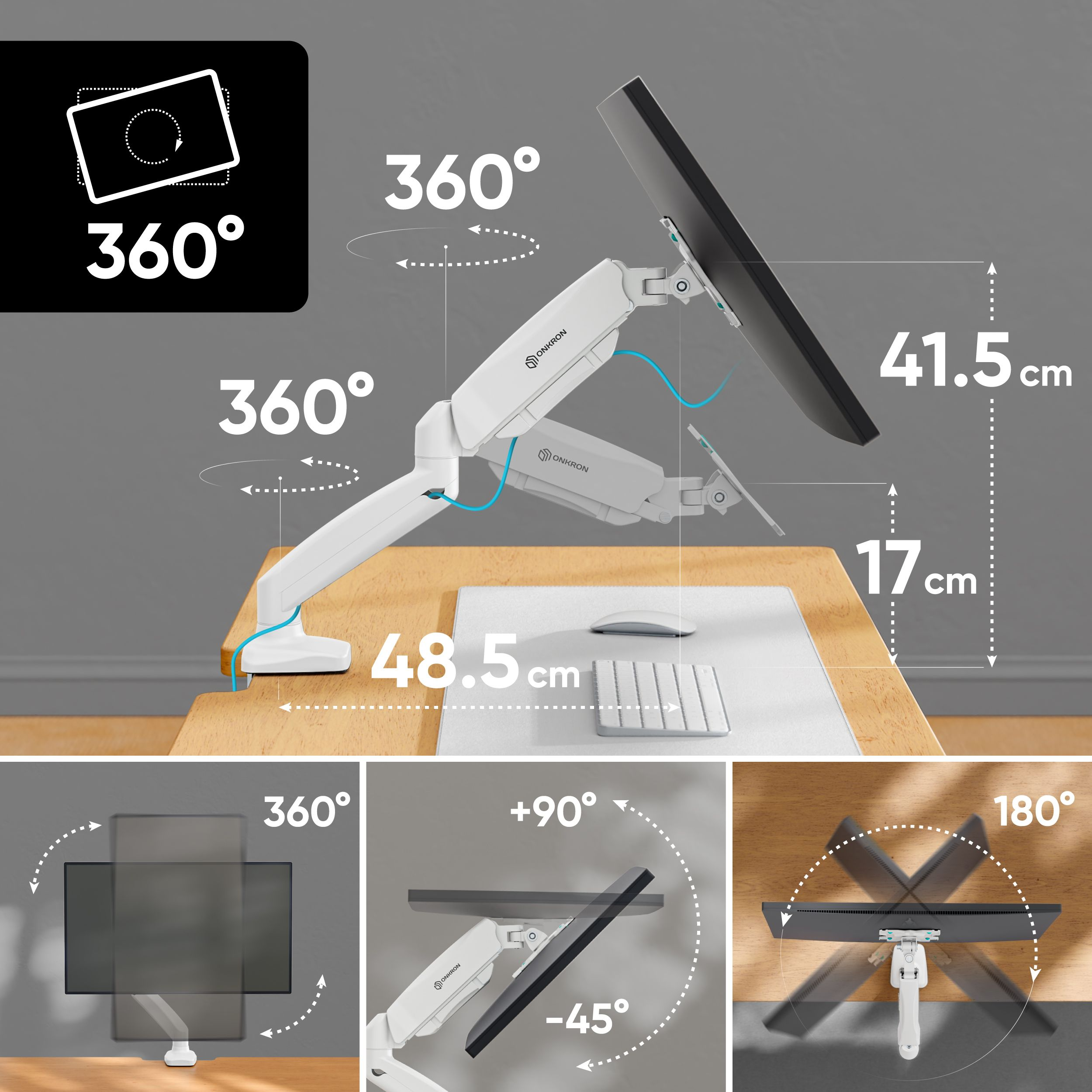 Białe ramię monitora z obrotem 360 stopni, wymiarami i kątami. Zawiera monitor, klawiaturę i mysz.