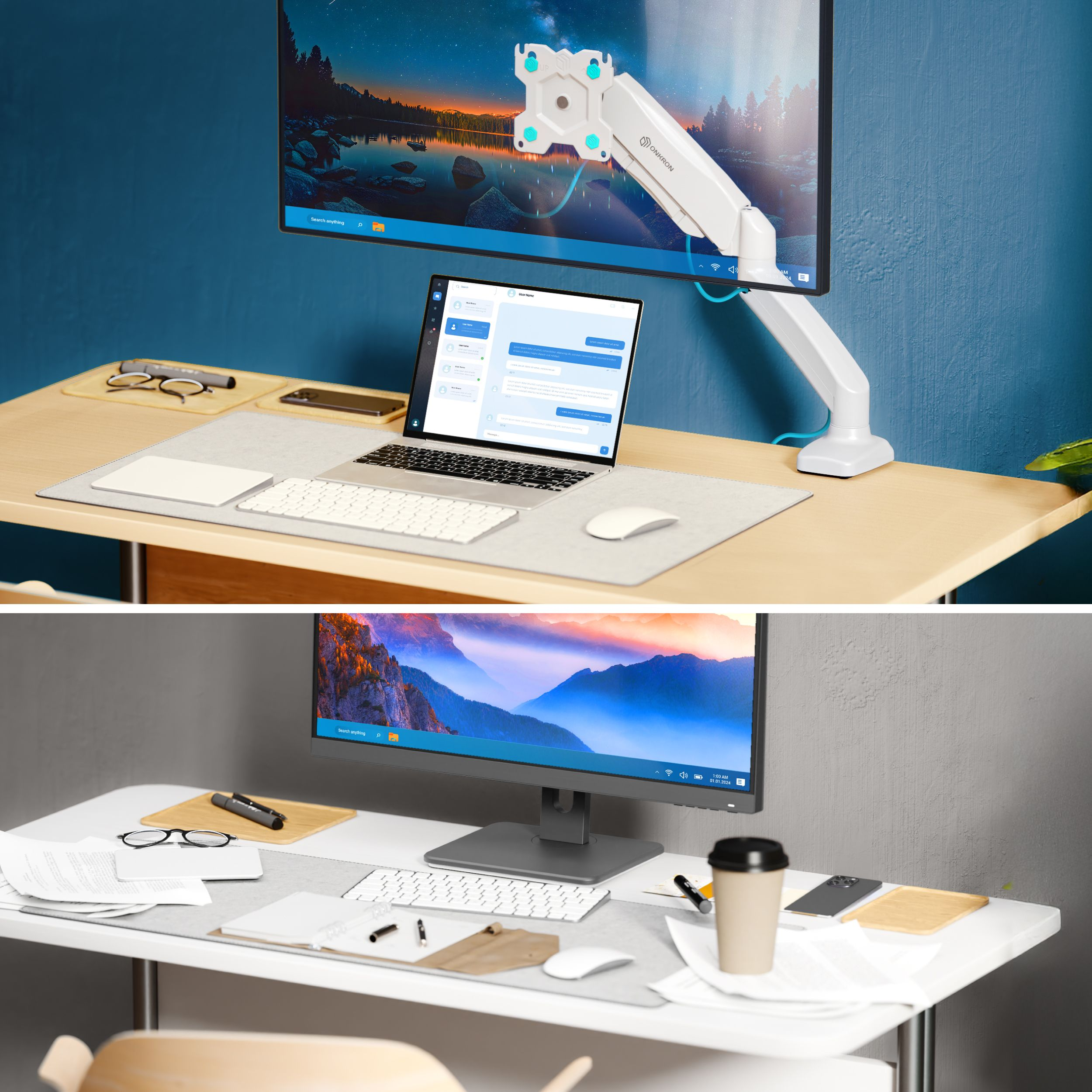 Ustawienia biurka z monitorem, laptopem, klawiaturą, myszą i akcesoriami. Niebieskie tło.