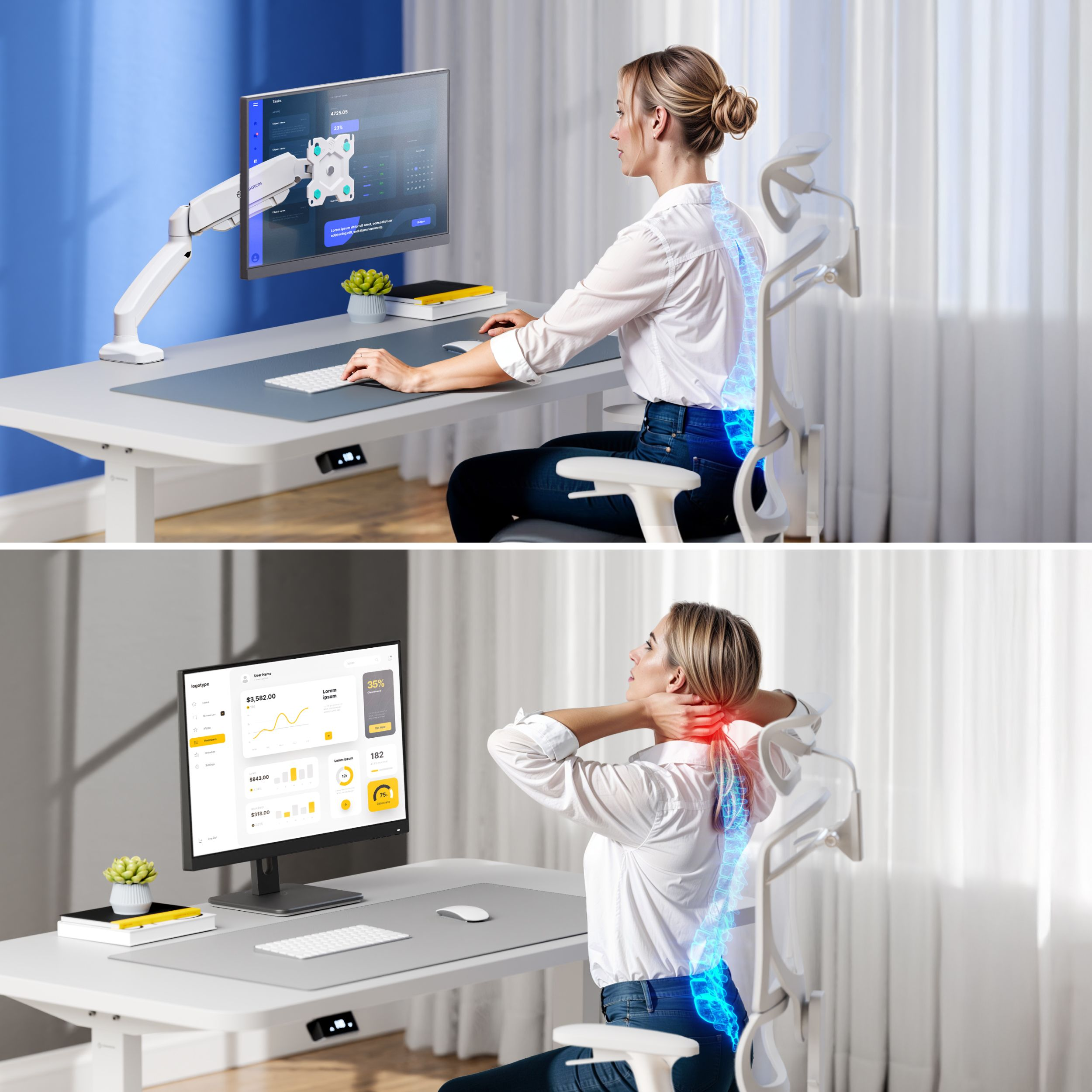 Kobieta przy biurku używa komputera, z podświetlonym kręgosłupem. Drugi obraz pokazuje ból szyi, z podświetlonym kręgosłupem.