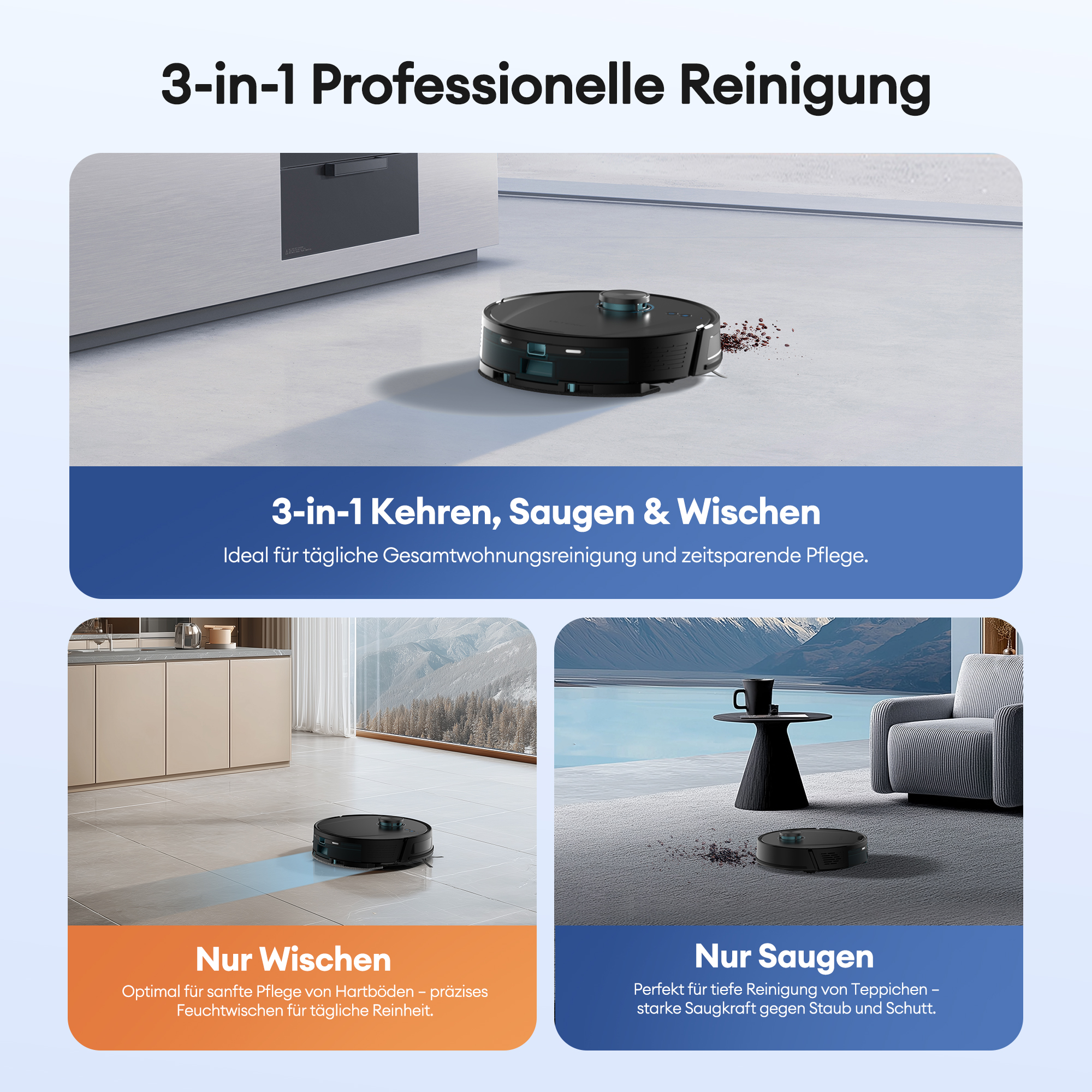 Das Bild zeigt einen 3-in-1-Staubsauger. Er hat drei Funktionen: Kehren, Staubsaugen und Wischen. Es gibt drei Szenen, die seine Verwendung veranschaulichen.