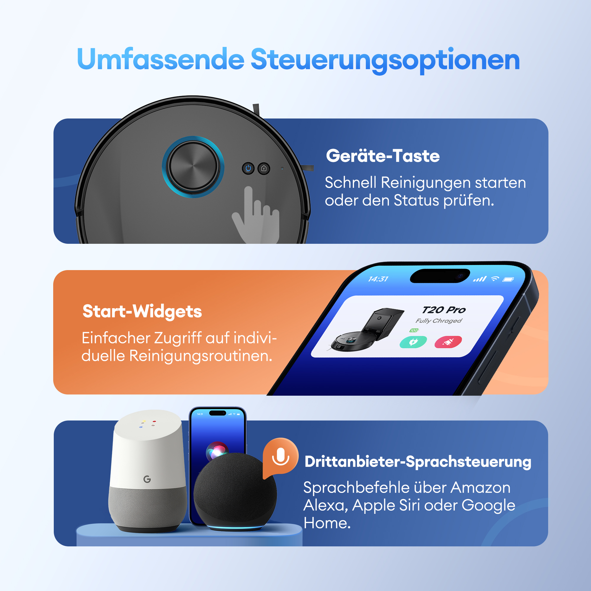 Das Bild zeigt einen Roboterstaubsauger, ein Smartphone und intelligente Lautsprecher. Textdetails zu Steuerungsoptionen.
