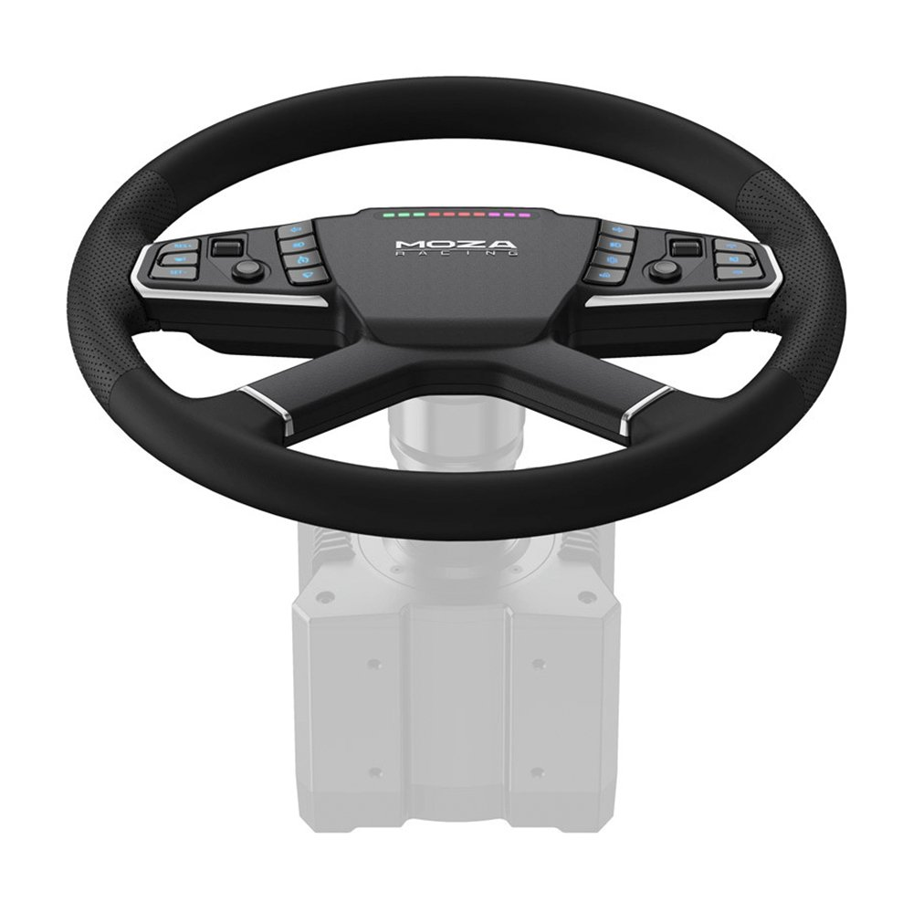 Volant de course MOZA noir. Il a une poignée en cuir noir, des boutons et un écran. La base est grise floue.