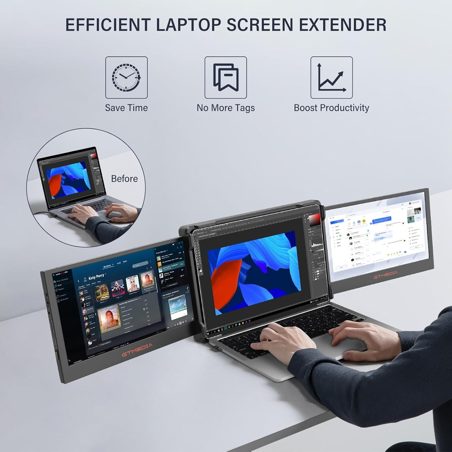 Se muestra una laptop con tres pantallas. Las pantallas muestran diferentes interfaces. La imagen tiene iconos con descripciones como 'Ahorra tiempo'.