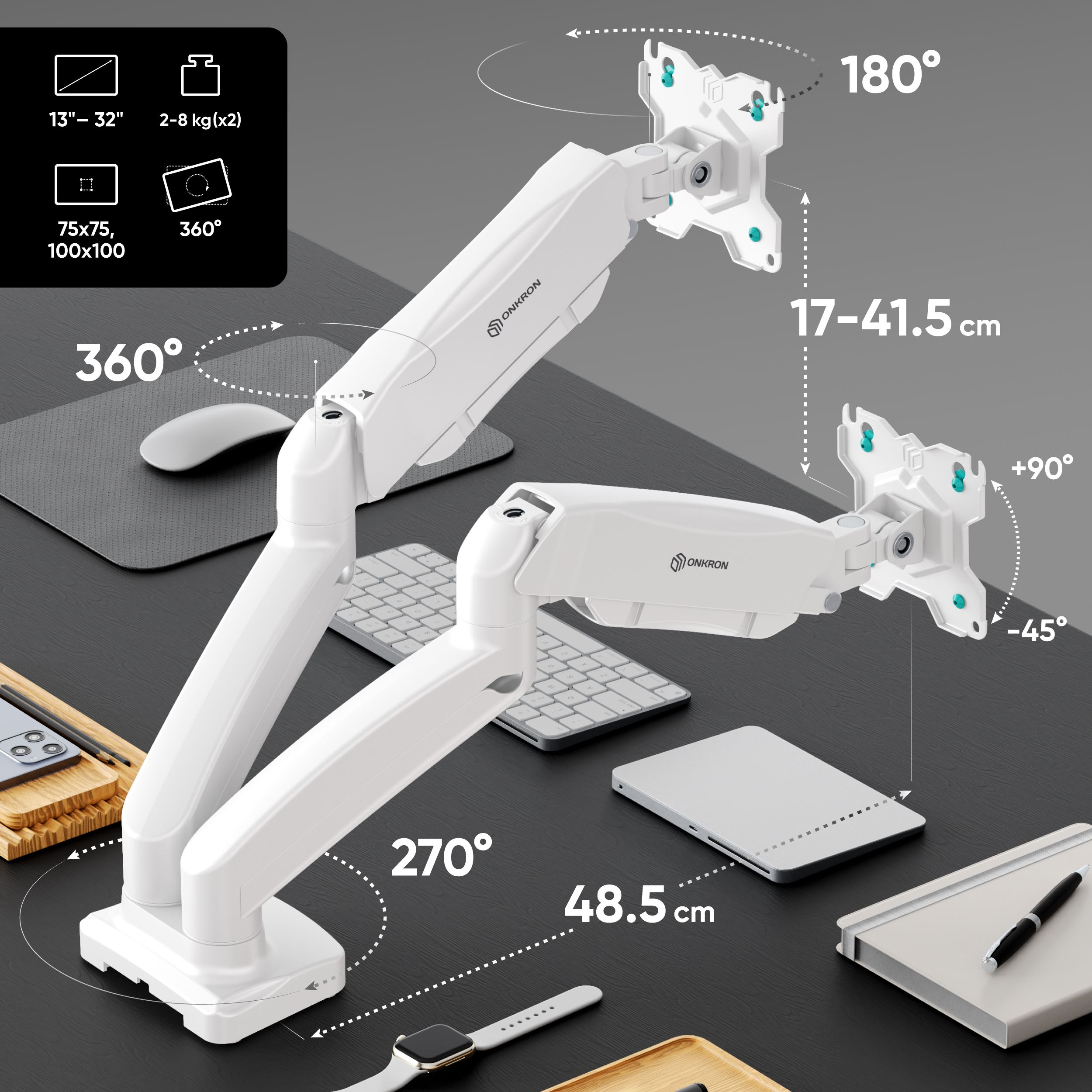 Białe ramię monitora z czarnym biurkiem, klawiaturą i akcesoriami. Zawiera wymiary i stopnie obrotu.