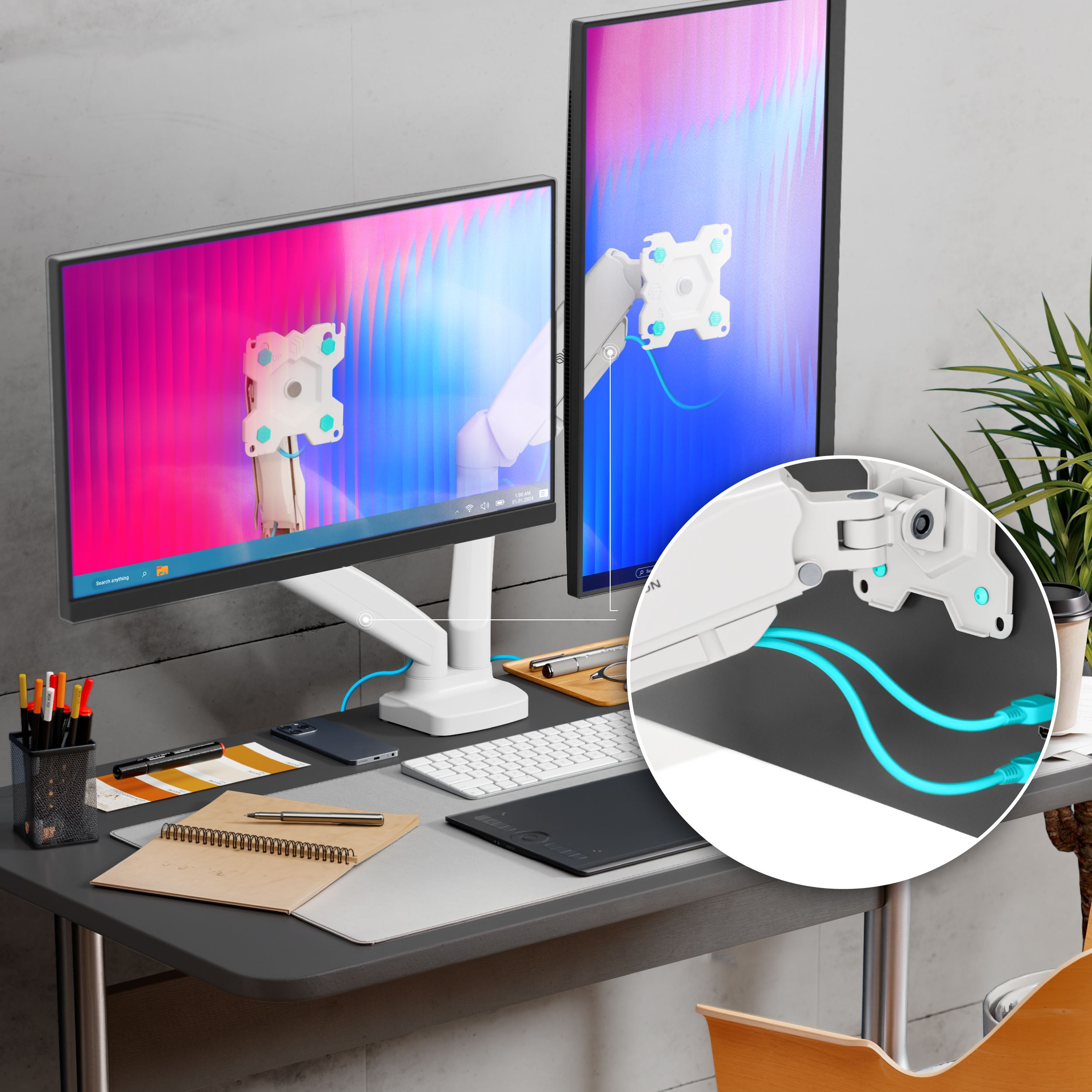 Dwa monitory na biurku z kolorowymi ekranami. Kable i akcesoria obecne, zbliżenie kabla.