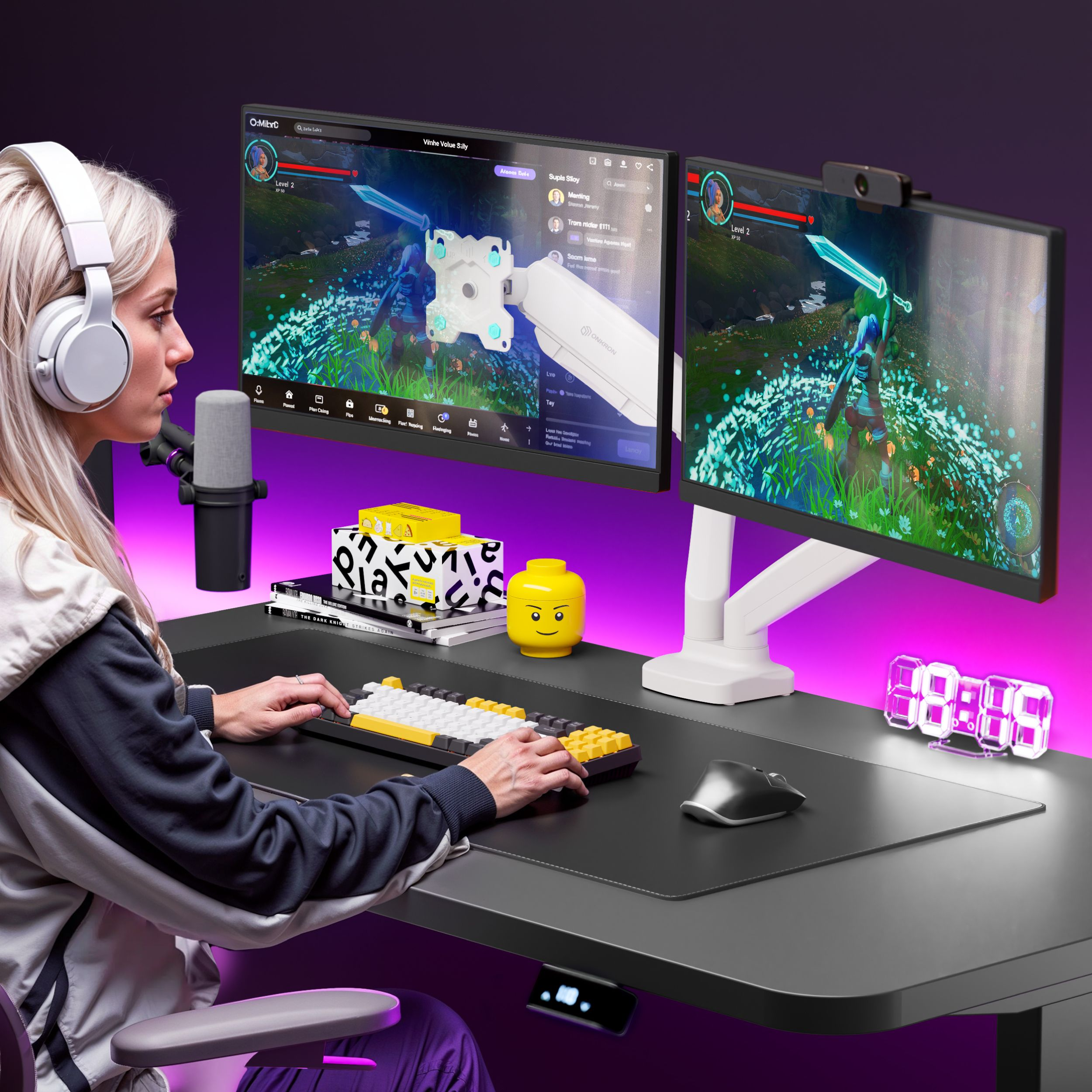 Kobieta ze słuchawkami siedzi przy biurku z dwoma monitorami, klawiaturą, mikrofonem i głową Lego. Na ekranie gra.