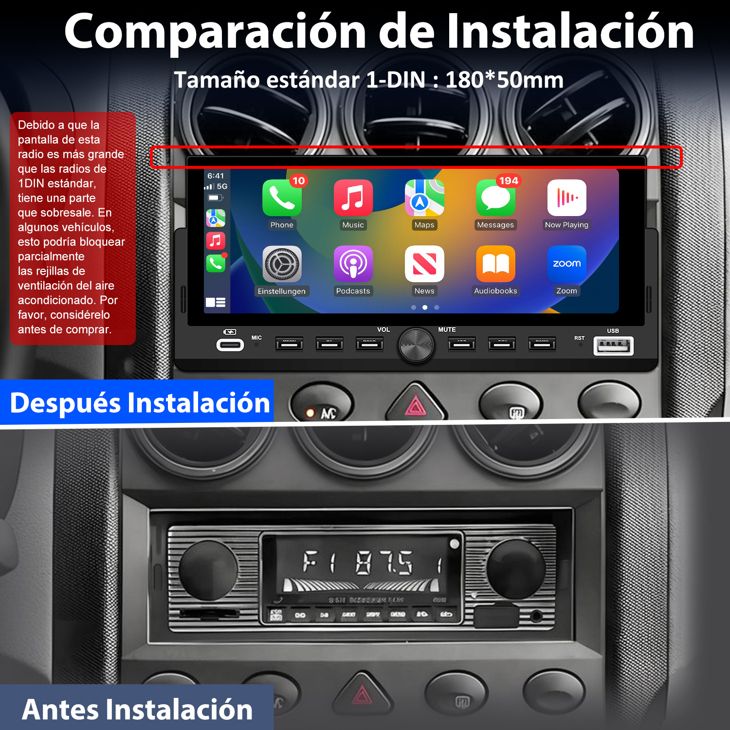 Comparación de la instalación de la radio del coche. La imagen superior muestra una radio con pantalla grande, la inferior una radio estándar.