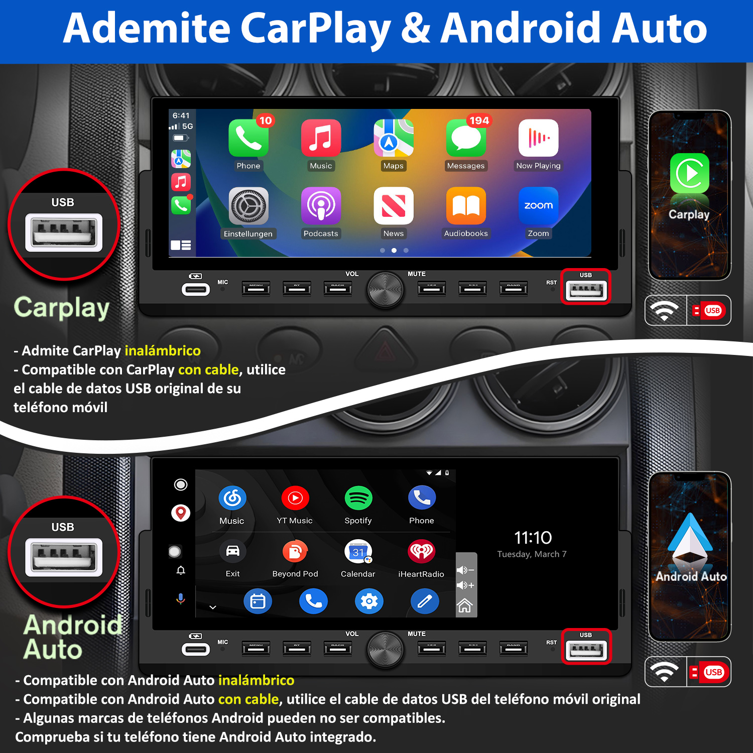 Pantalla de radio de coche mostrando interfaces CarPlay y Android Auto. Tiene puertos USB e iconos de teléfono para música, mapas y llamadas.
