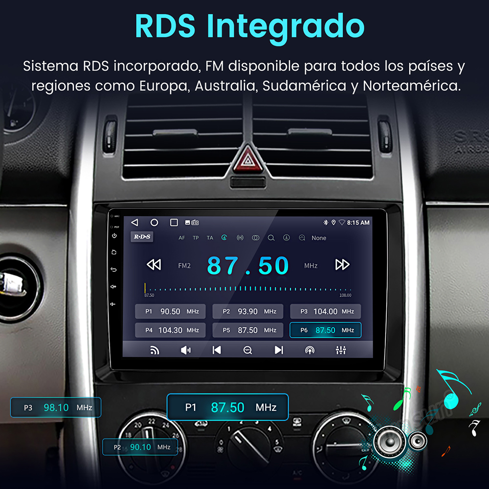 Pantalla de radio de coche que muestra la frecuencia de radio FM 87.50 MHz. El texto superior dice RDS Integrado. Otros botones son visibles.