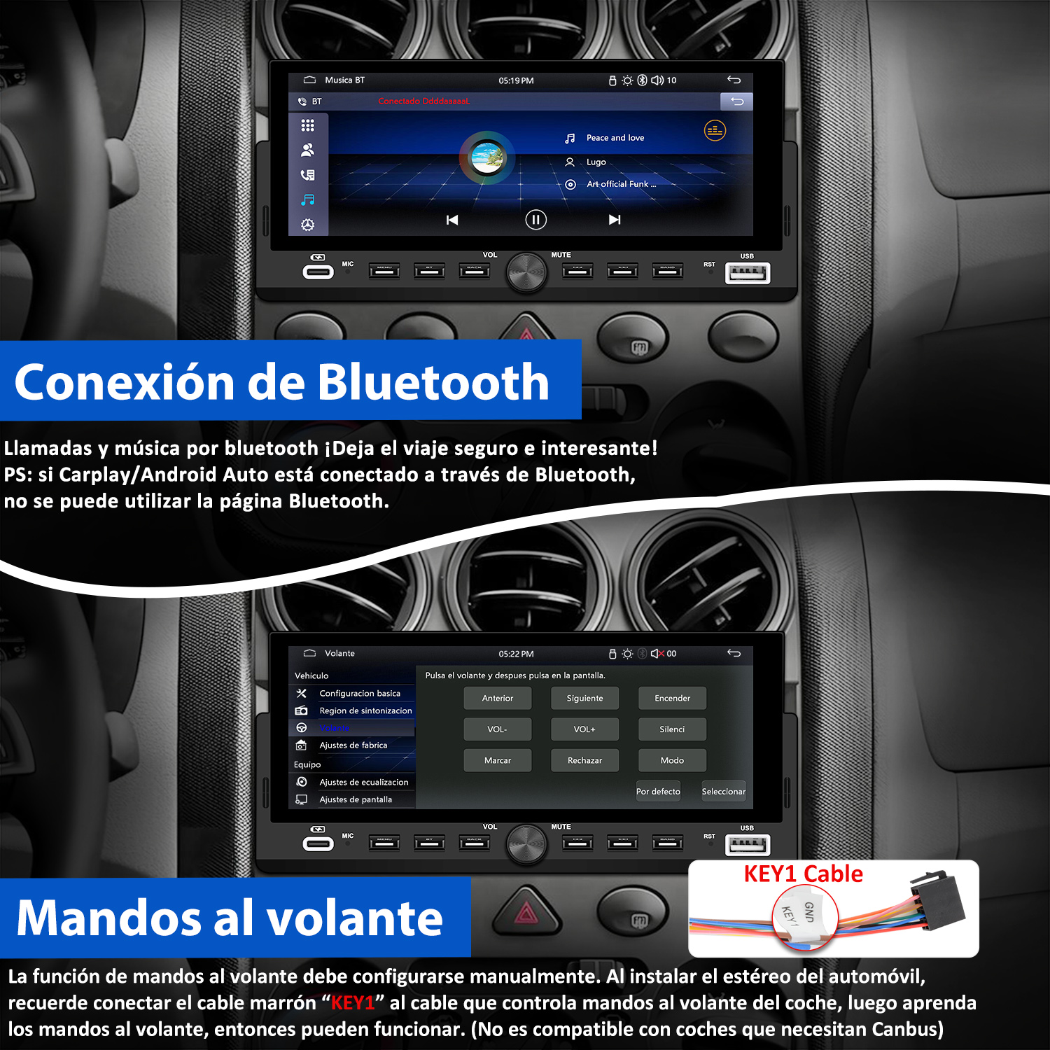 Pantalla de autorradio que muestra la conexión Bluetooth, controles de música y configuración de mandos del volante con diagrama de cableado.