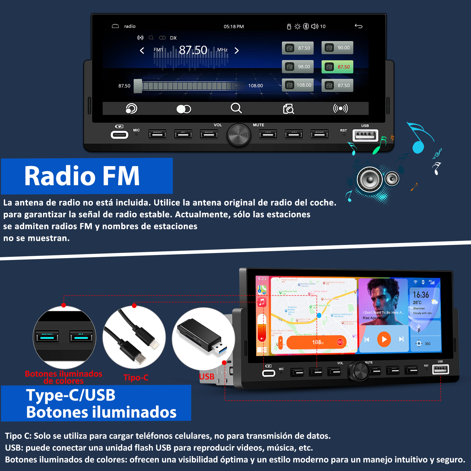 La pantalla de la radio del coche muestra información de radio FM y mapa. Abajo hay puertos USB y Tipo-C.