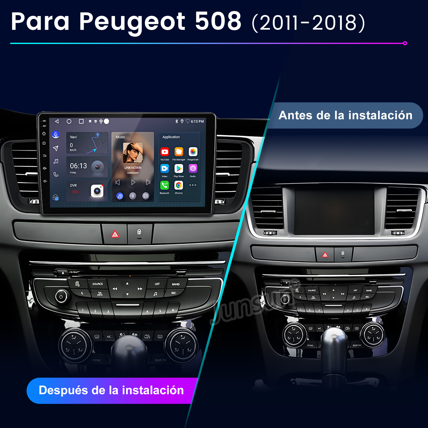 Comparación del salpicadero del coche: antiguo vs. nuevo. El lado izquierdo muestra una pantalla con aplicaciones, el derecho, el original.