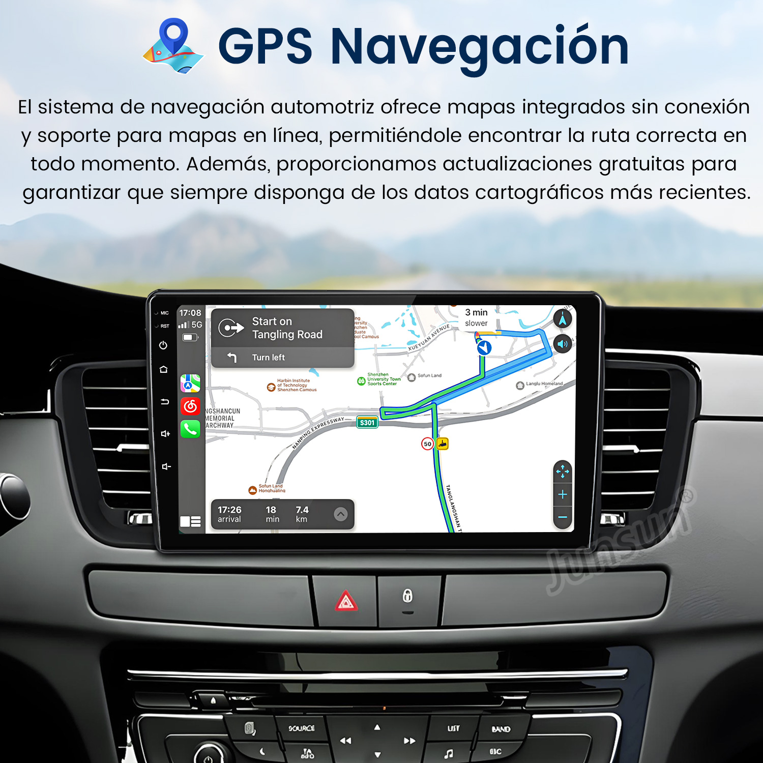 Pantalla de navegación GPS del coche mostrando un mapa de ruta. El salpicadero y los detalles del coche son visibles en primer plano.