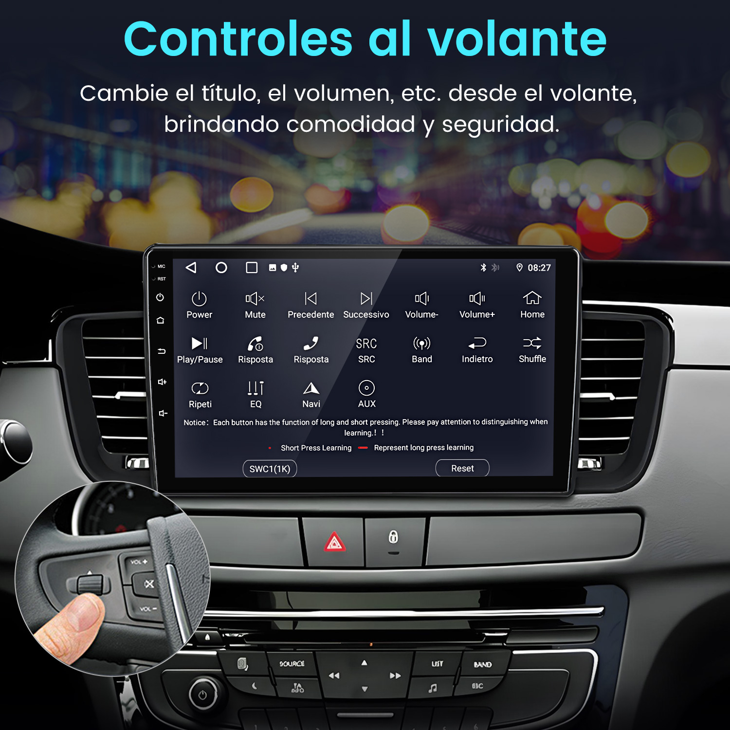 Interior del coche con pantalla mostrando controles multimedia. Mano presionando botón del volante. Texto: 'Controles al volante'.