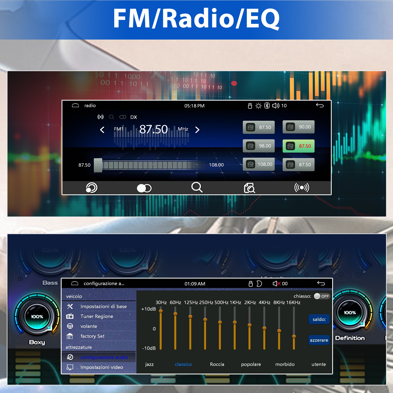Interfaz de radio de coche con ajustes de FM y EQ mostrados. Muestra la frecuencia, barras de ecualización y ajustes de audio.