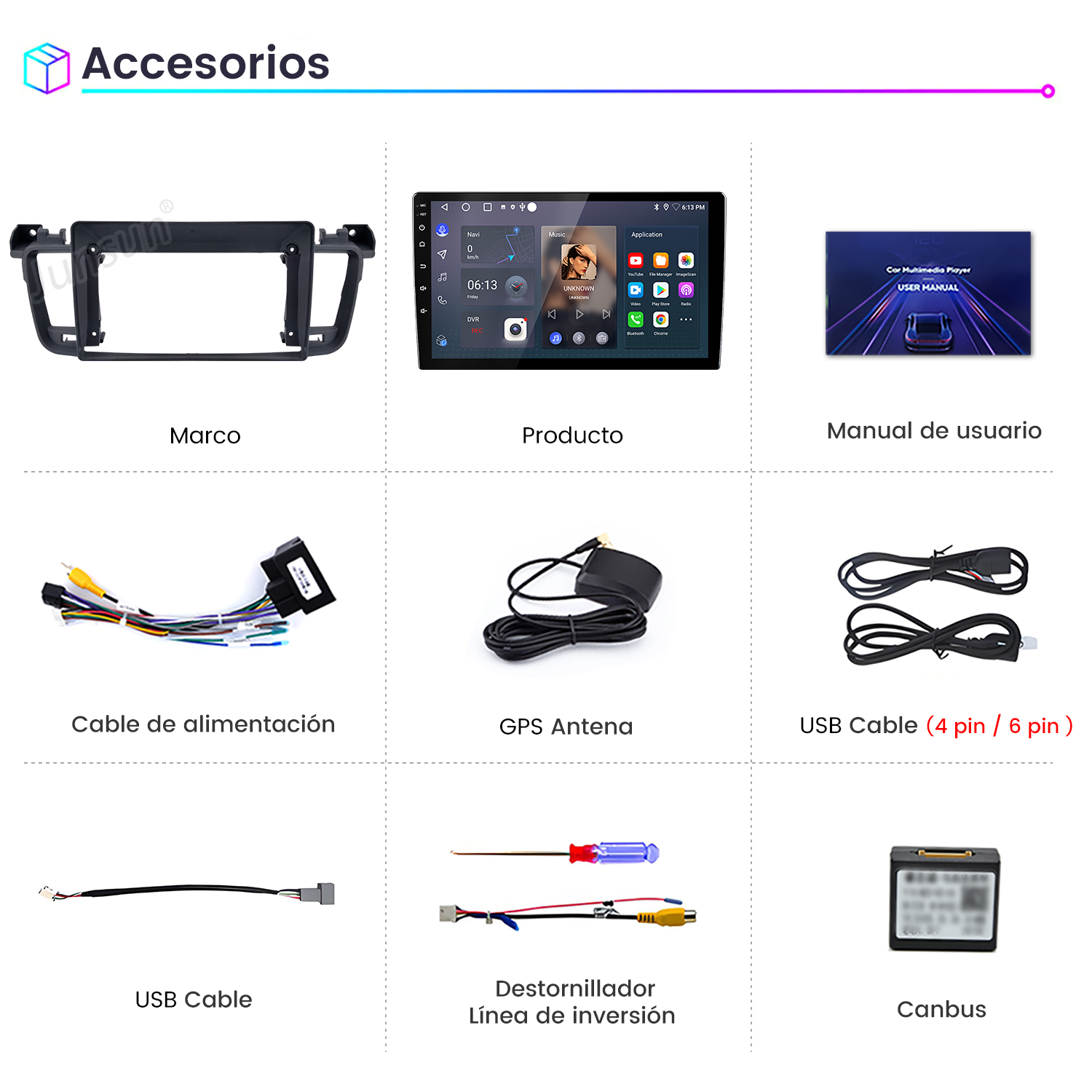 Imagen que muestra accesorios para un reproductor multimedia de coche, incluyendo cables, una pantalla, un manual y otros componentes.