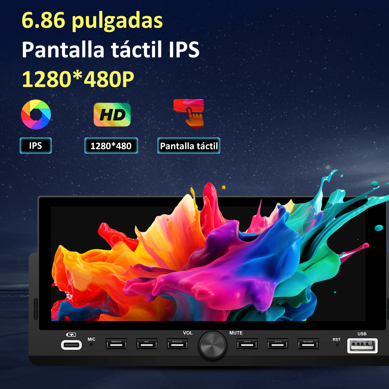 Un estéreo de coche con pantalla muestra arte colorido. Texto superior: '6,86 pulgadas, pantalla táctil, IPS, 1280*480P'. Botones abajo.