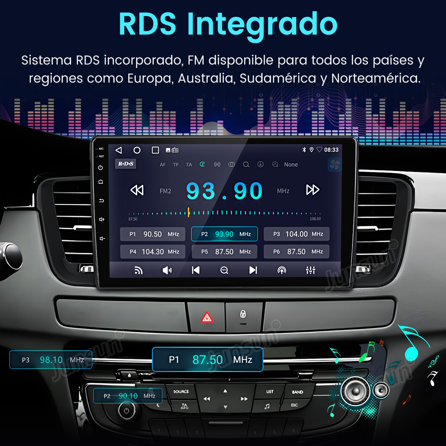 Radio de coche con RDS, mostrando la frecuencia FM 93.90 MHz. El texto incluye RDS Integrado y botones de control.