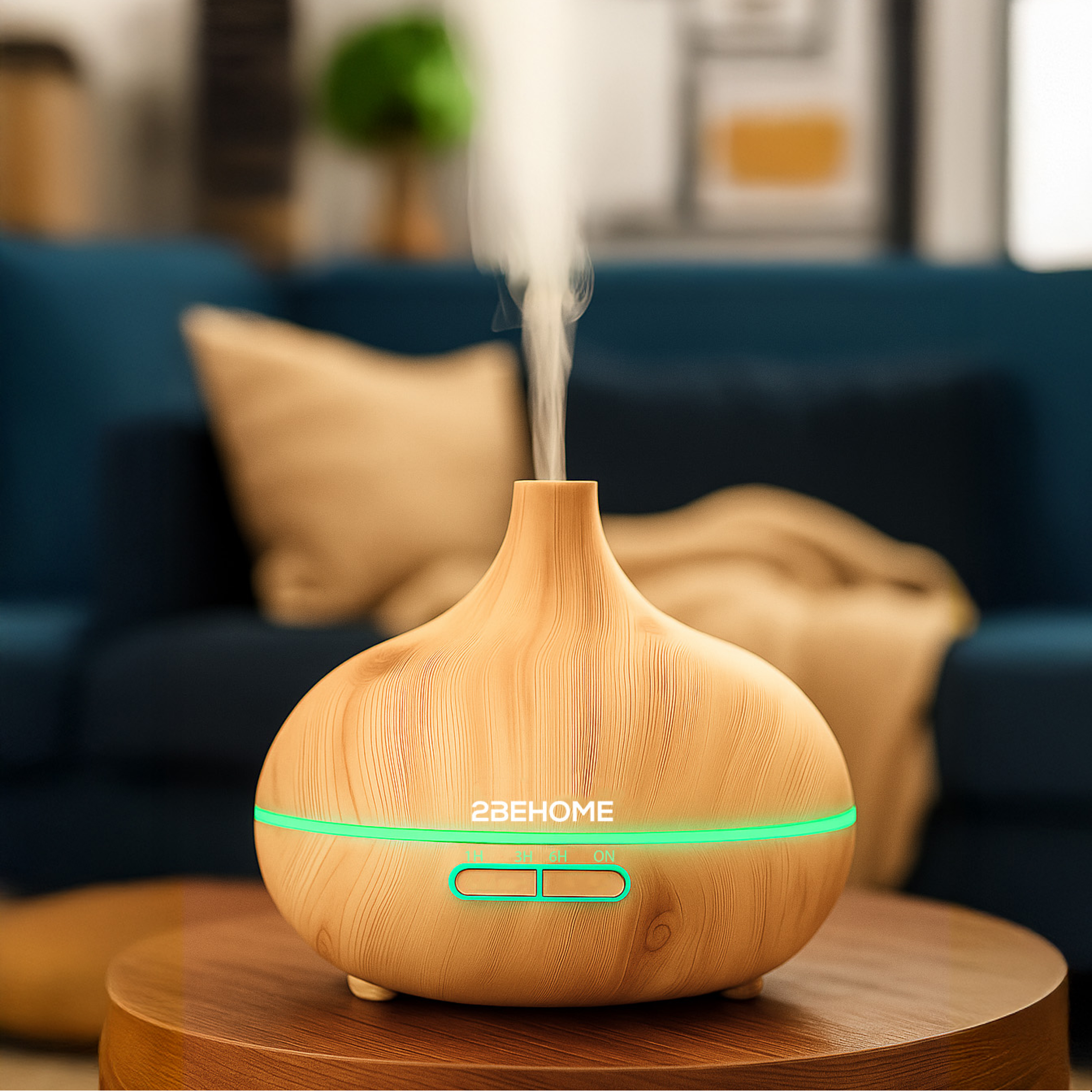 A wooden aroma diffuser with steam rising. It sits on a wooden table. A blue couch is in the blurred background.