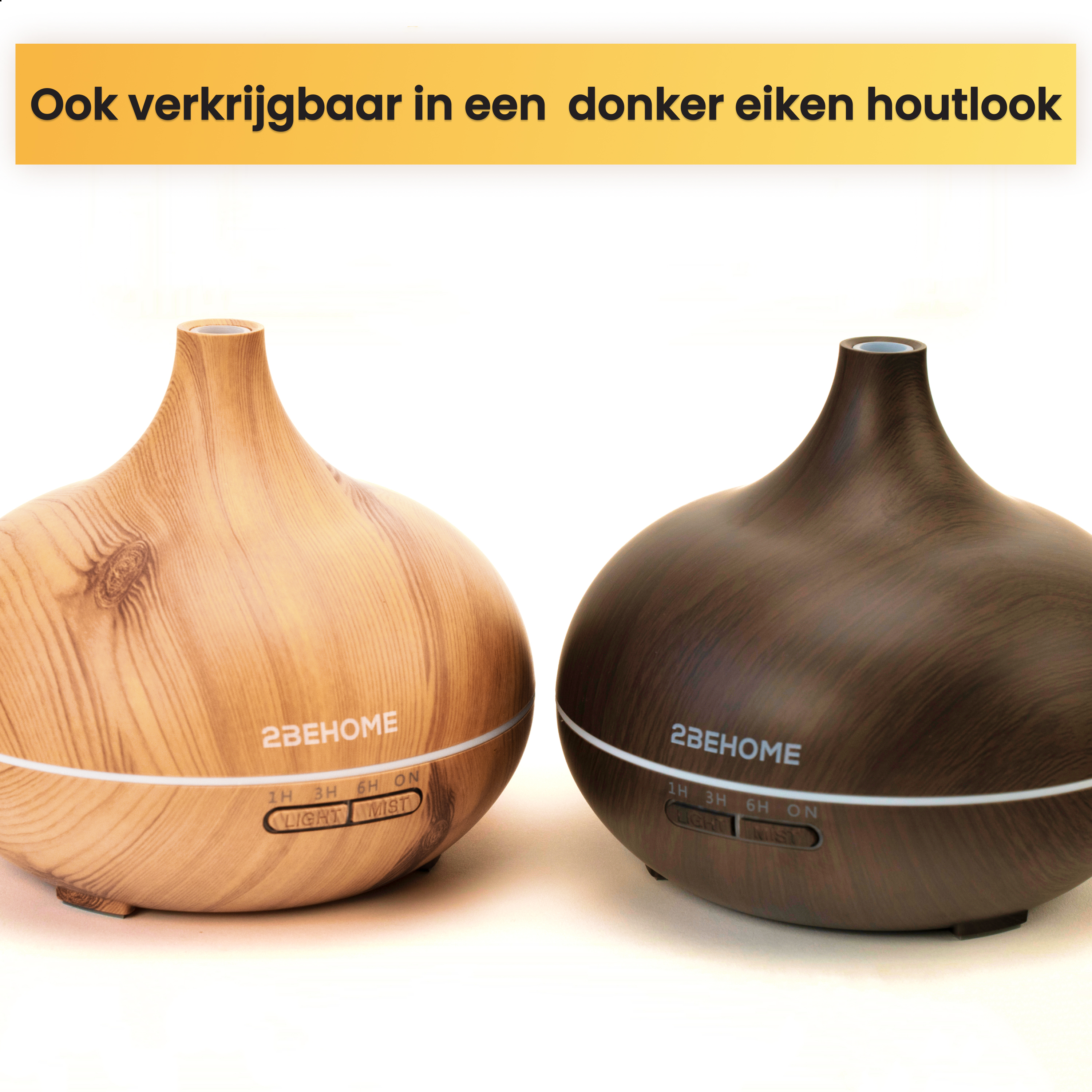 Two wood-grain diffusers, one light and one dark. Text on top says, 'Also available in a dark oak wood look.'