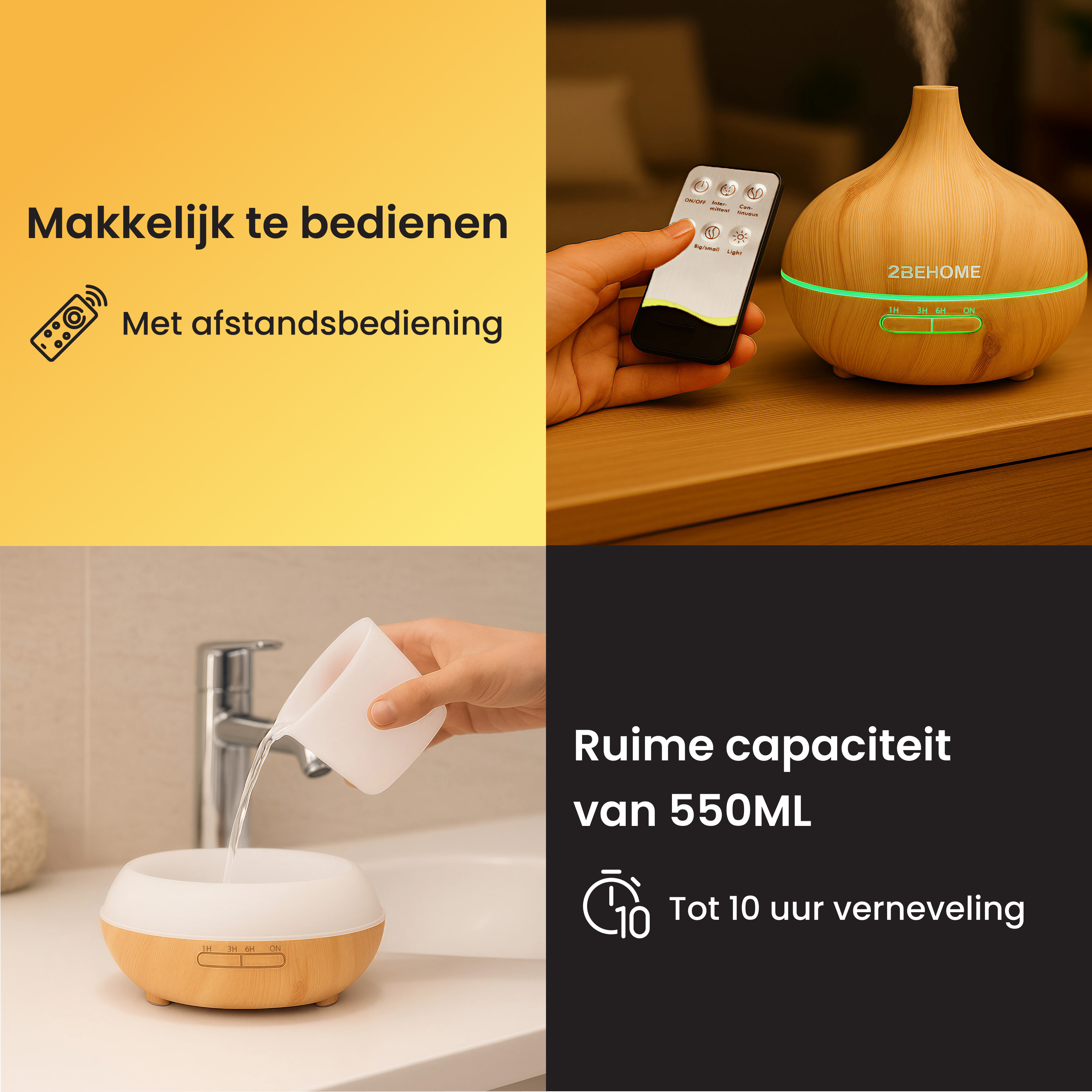 An aroma diffuser with a remote control is shown. A hand holds the remote. Water is poured into the diffuser. Text is displayed.